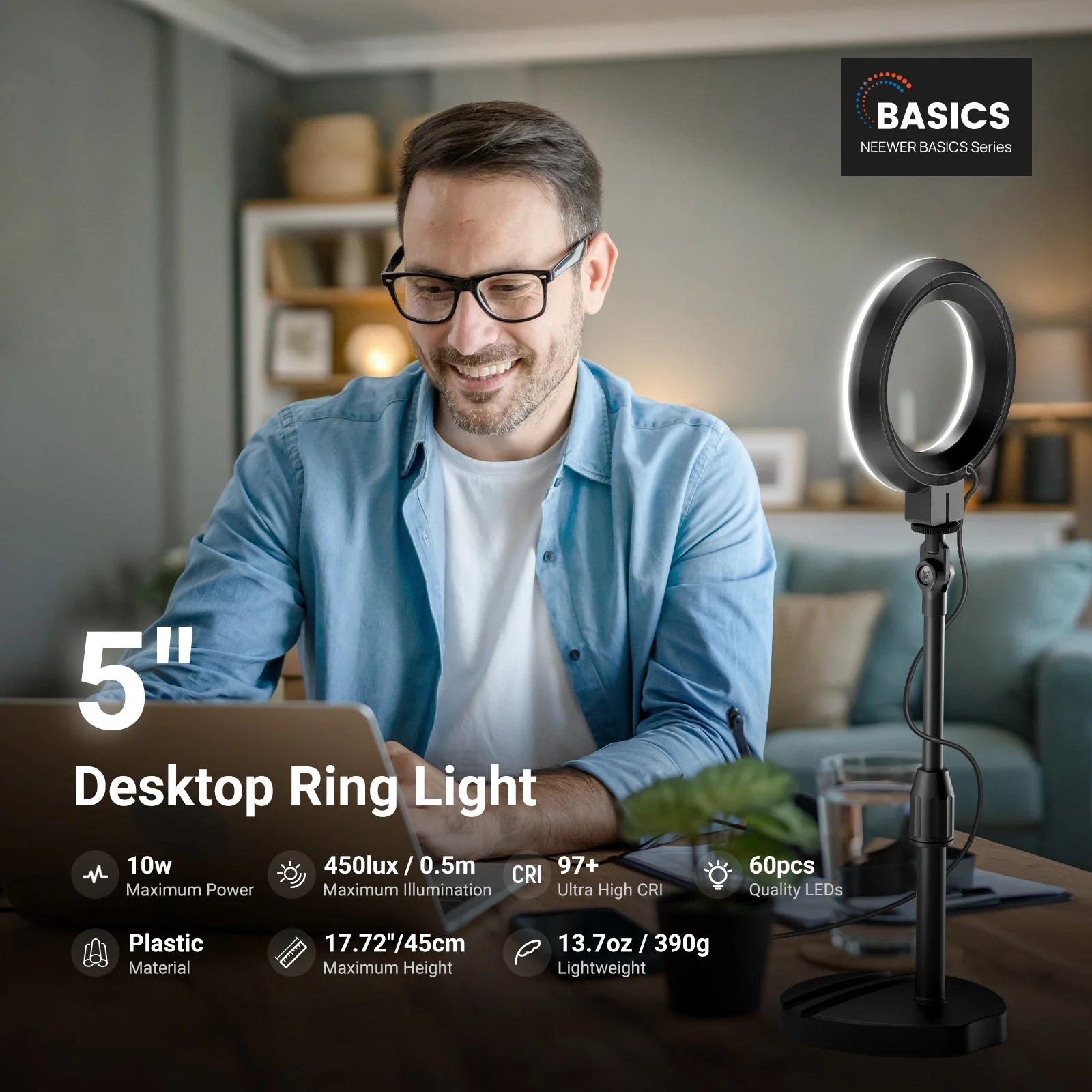 NEEWER BASICS BR60 5" Desk Ring Light with Stand & Monitor Clamp - Image 2