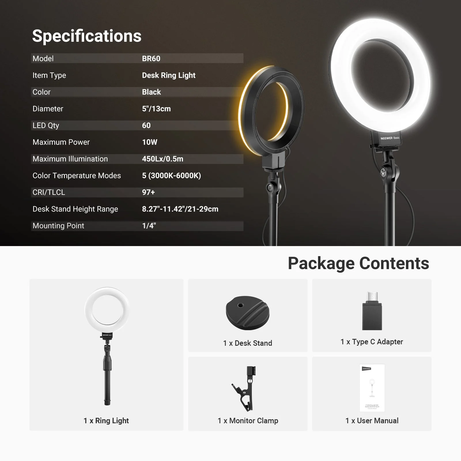 NEEWER BASICS BR60 5" Desk Ring Light with Stand & Monitor Clamp - Image 8