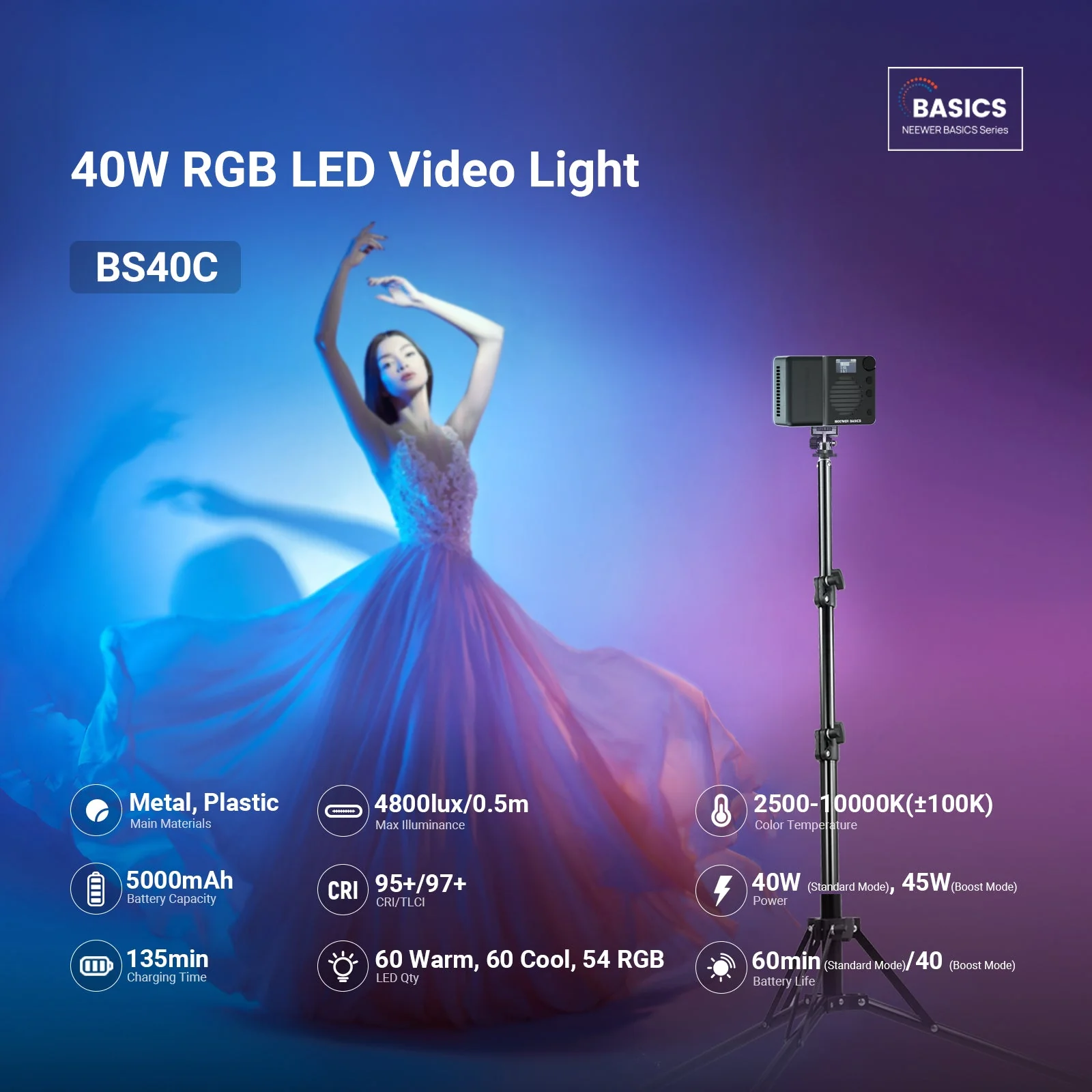NEEWER BASICS BS40C Magnetic RGB Video Light - Image 2