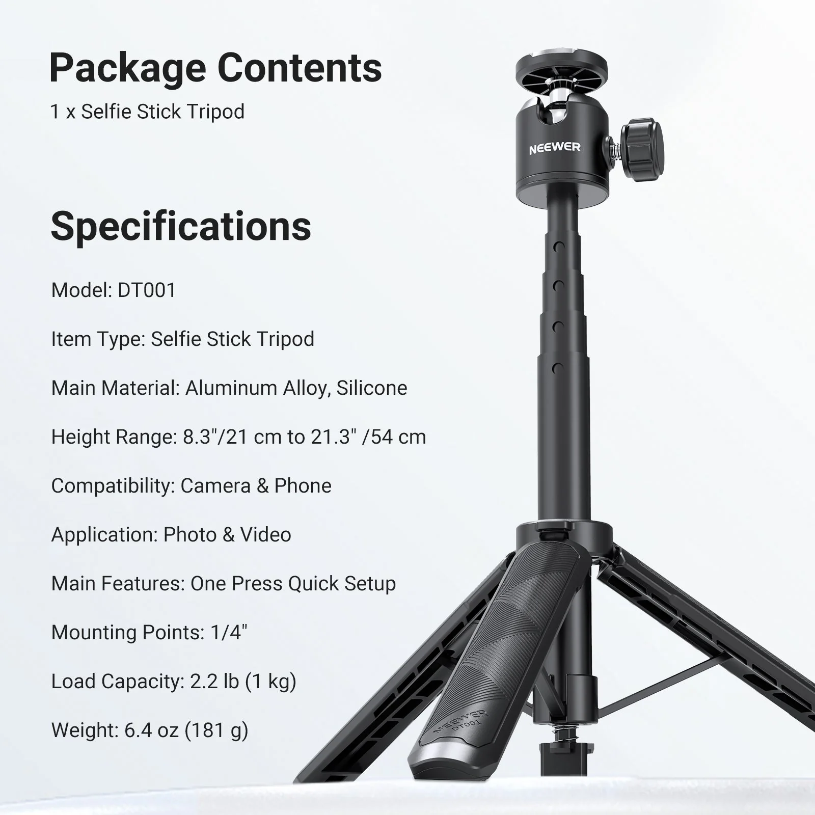 NEEWER BASICS DT001 Extendable Selfie Stick Tripod - Image 8