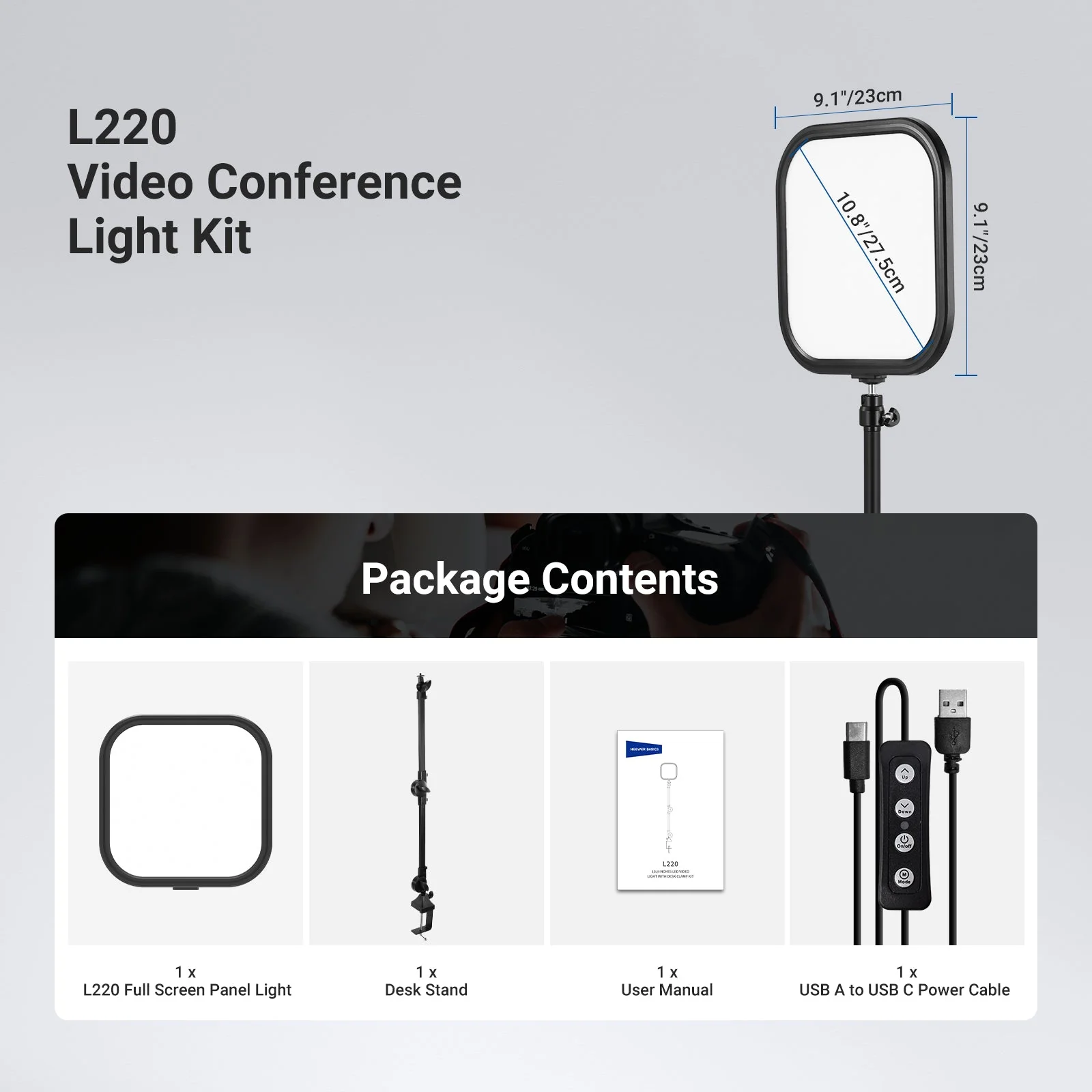 NEEWER BASICS L220 10.8" Bi-Color Panel Light with Desk Stand - Image 9