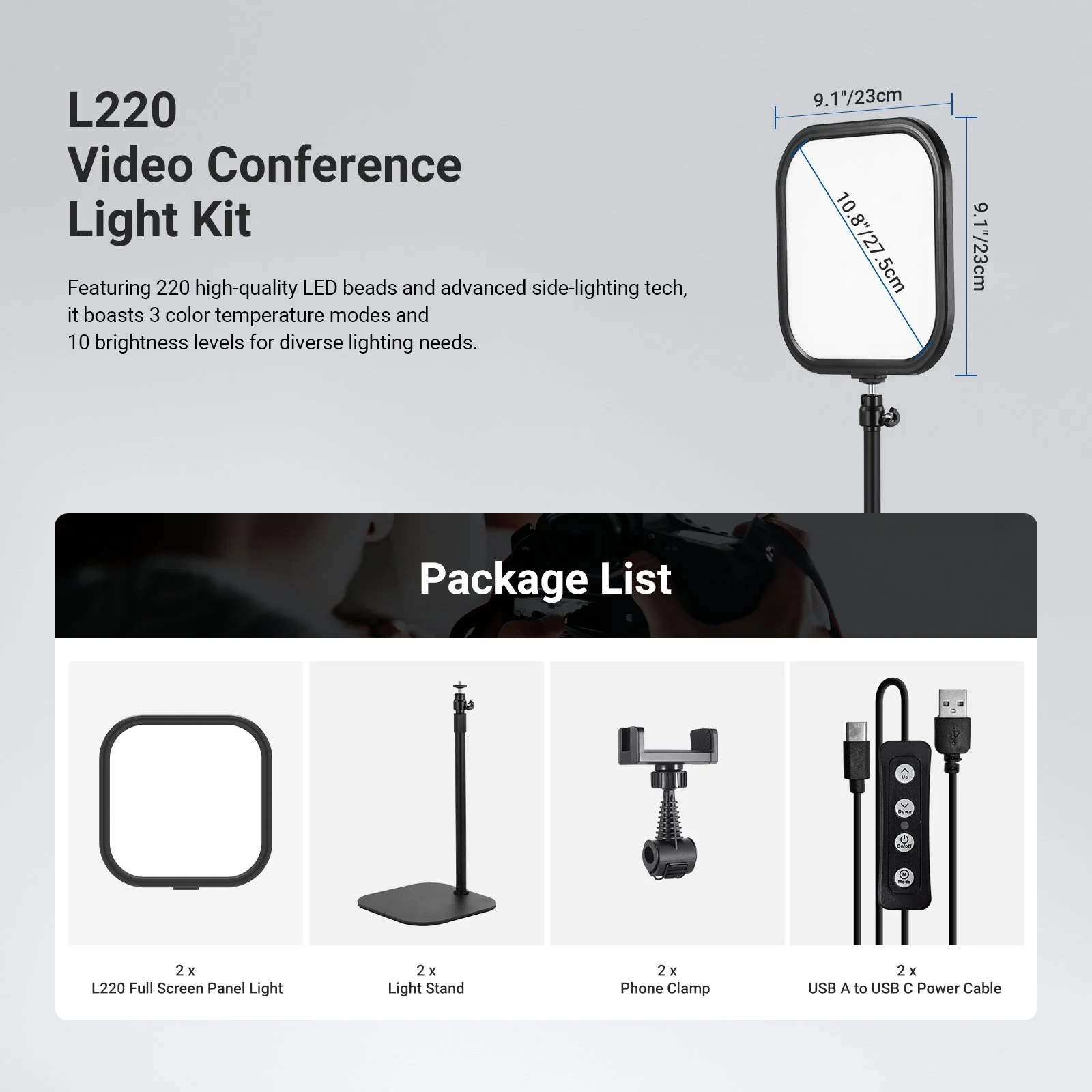 NEEWER BASICS L220 15W 10.8" Bi-Color Video Conference Light Kit - Image 14
