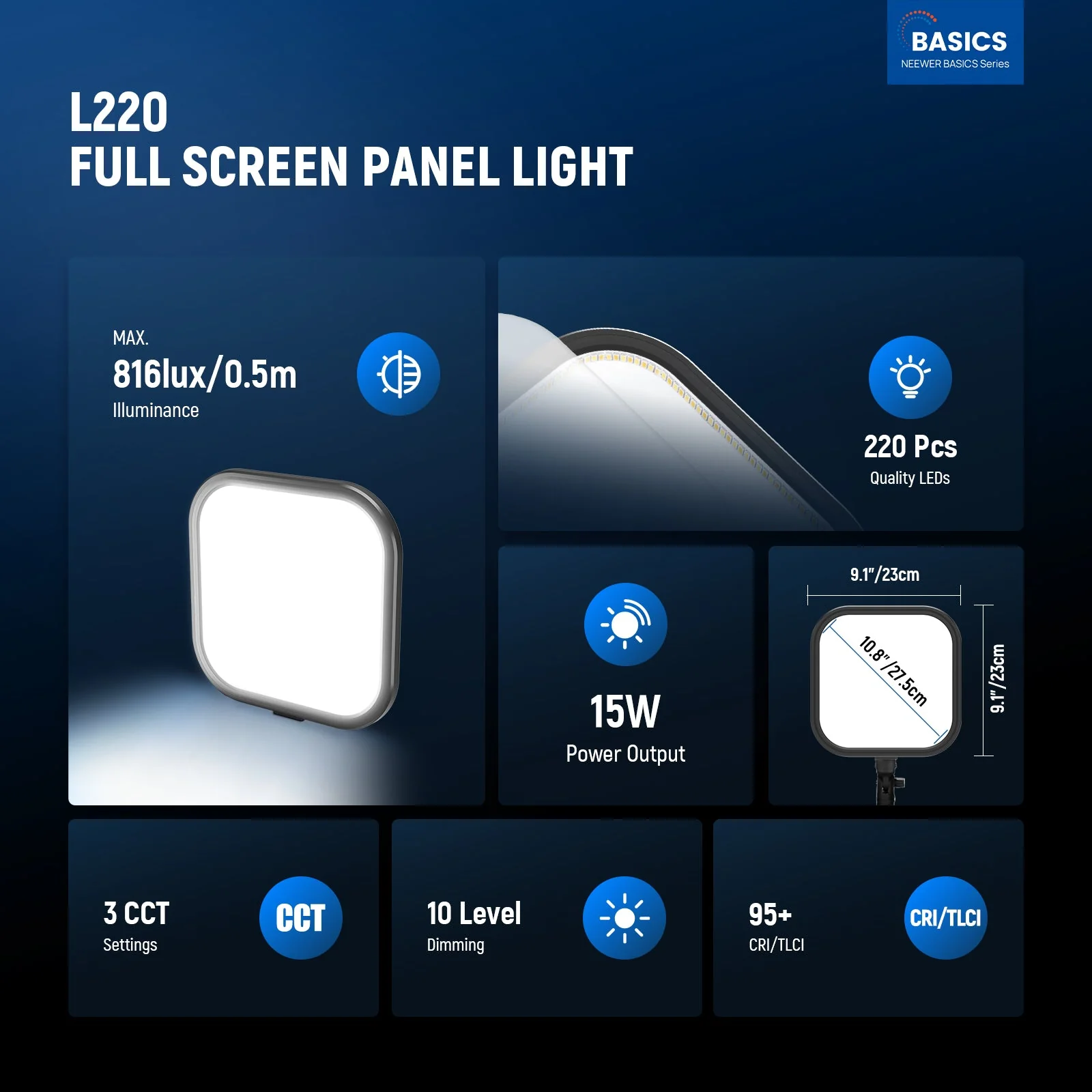 NEEWER BASICS L220 15W 10.8" LED Video Panel Light Kit - Image 2