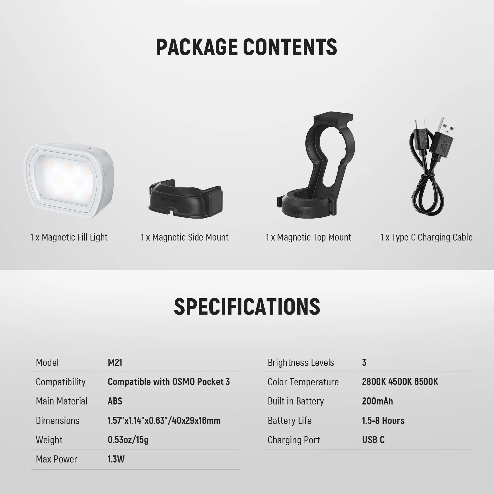 NEEWER BASICS M21 Magnetic Auxiliary Fill Light For DJI Osmo Pocket 3 - Image 9