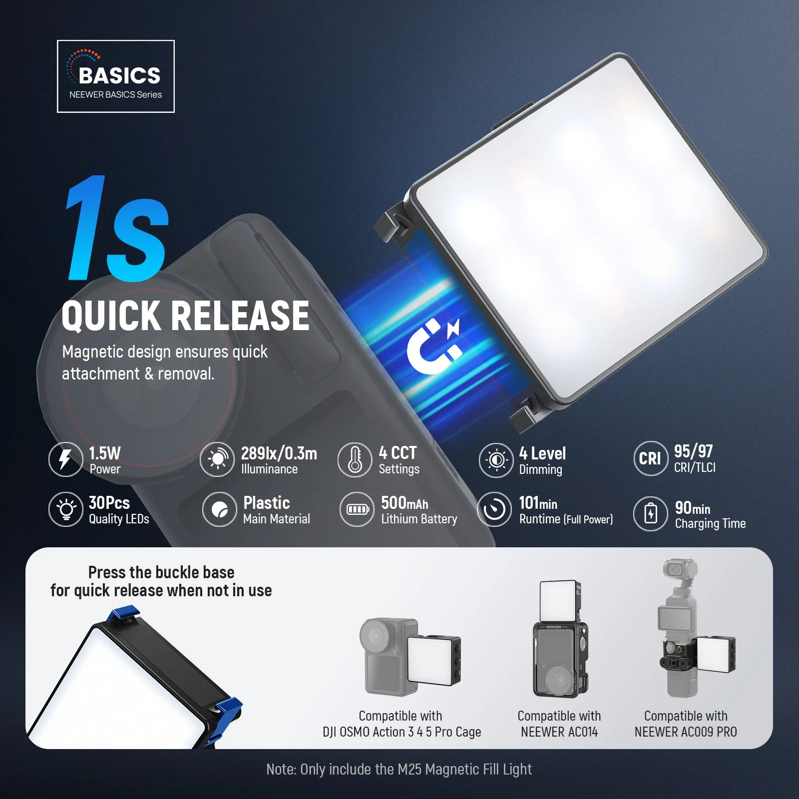 NEEWER BASICS M25/M26 Magnetic LED Light For DJI Osmo Nano Action 3/4/5 Pro - Image 2
