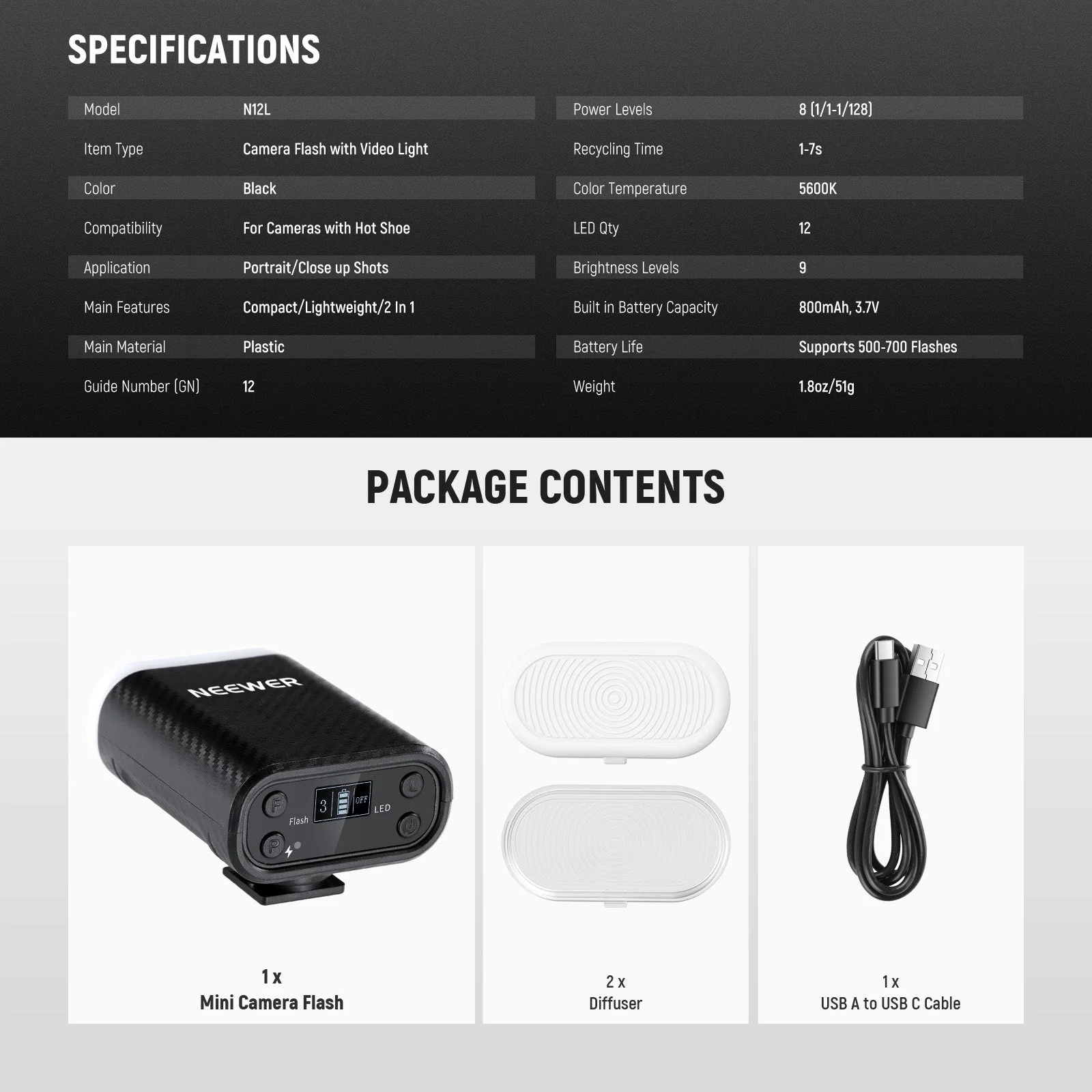NEEWER ENTRY LEVEL VERSION N12L Mini Camera Flash with LED Video Light - Image 8