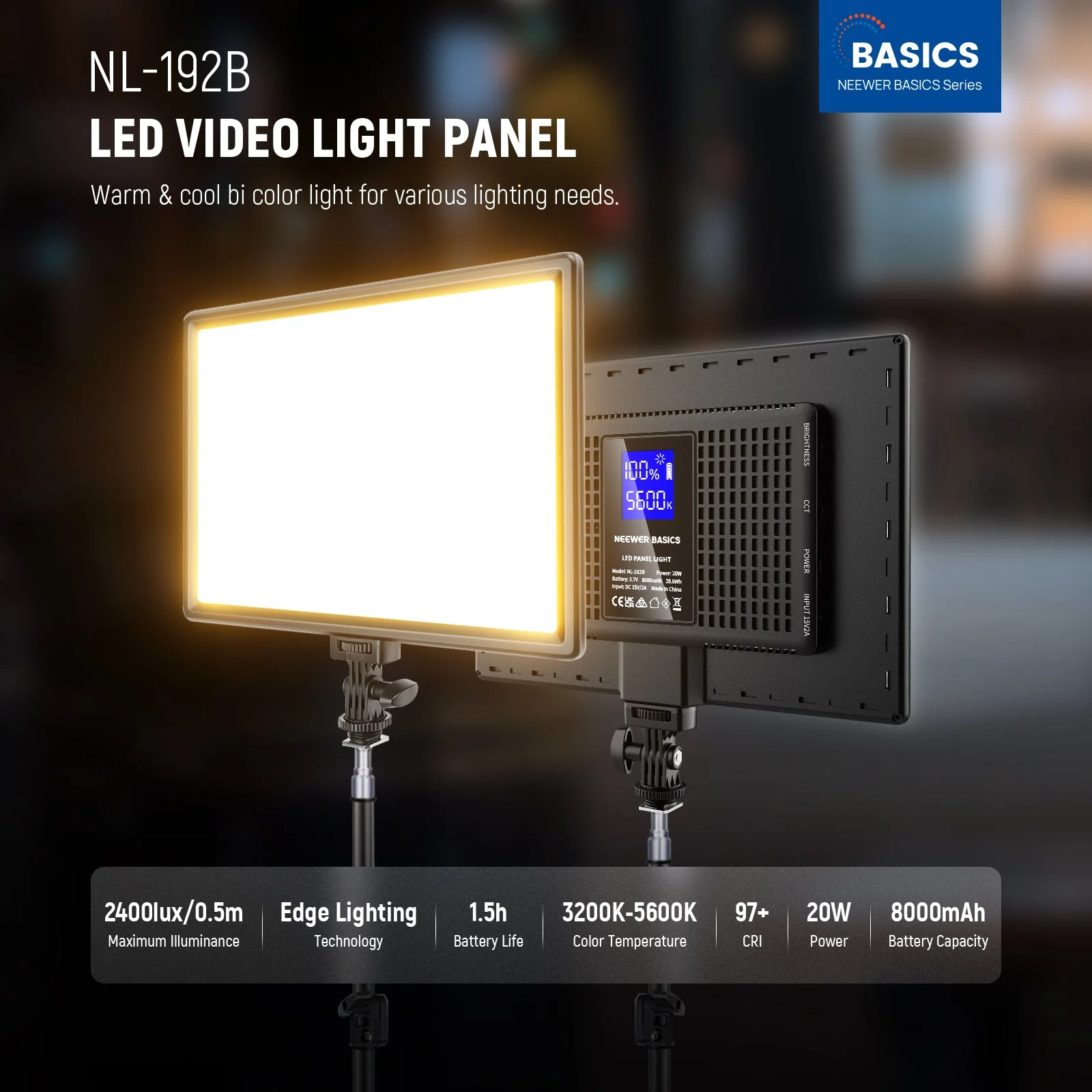 NEEWER BASICS NL-192B 2 Pack Bi-Color LED Video Panel Light Kit - Image 2