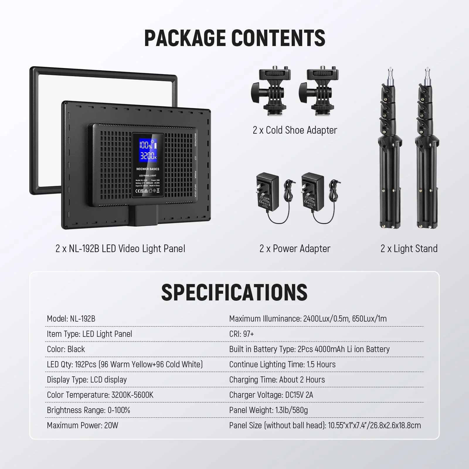 NEEWER BASICS NL-192B 2 Pack Bi-Color LED Video Panel Light Kit - Image 9