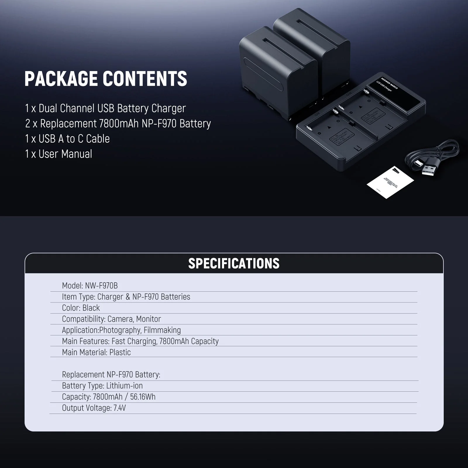 NEEWER BASICS NW-F970B NP-F970 7800mAh Replacement Battery Charger Set - Image 9