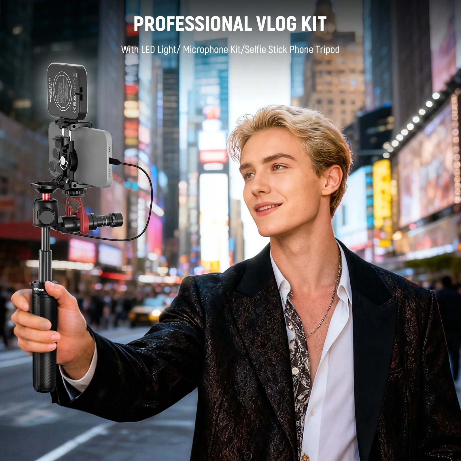 NEEWER BASICS PA050 Phone Vlogging Kit with Bi-Color Light/Mic/Selfie Stick - Image 2