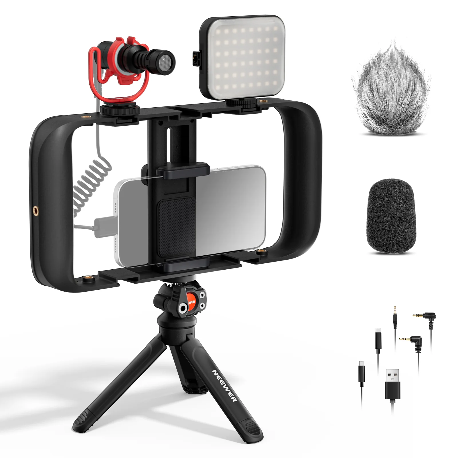 NEEWER BASICS PA055 Phone Cage Vlogging Kit with Bi-Color Light/Mic/Tripod