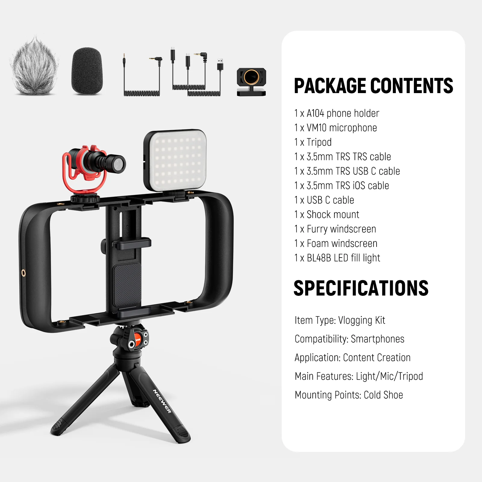 NEEWER BASICS PA055 Phone Cage Vlogging Kit with Bi-Color Light/Mic/Tripod - Image 9