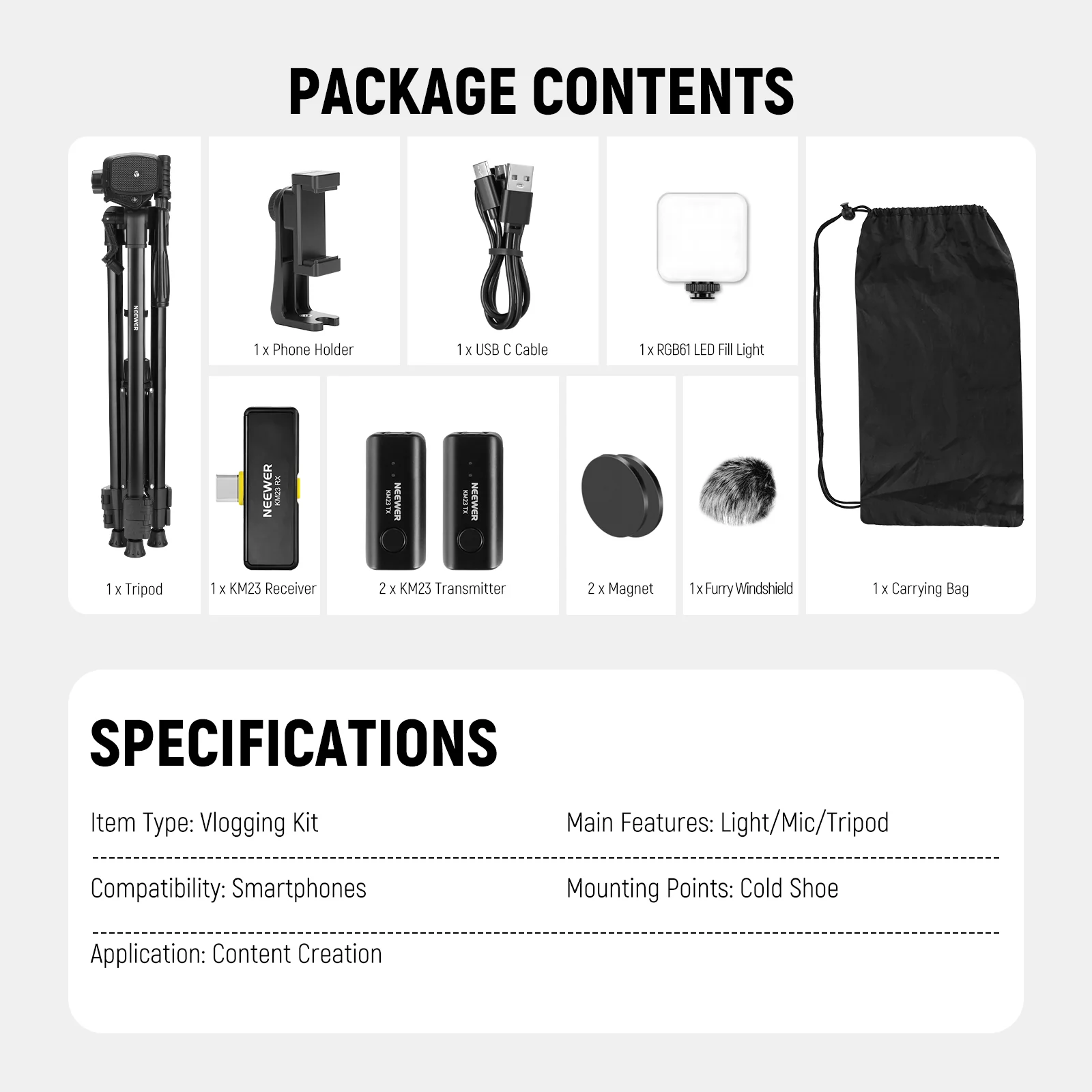 NEEWER BASICS PA056 Phone Tripod Vlogging Kit with RGB Light & Wireless Mic - Image 9