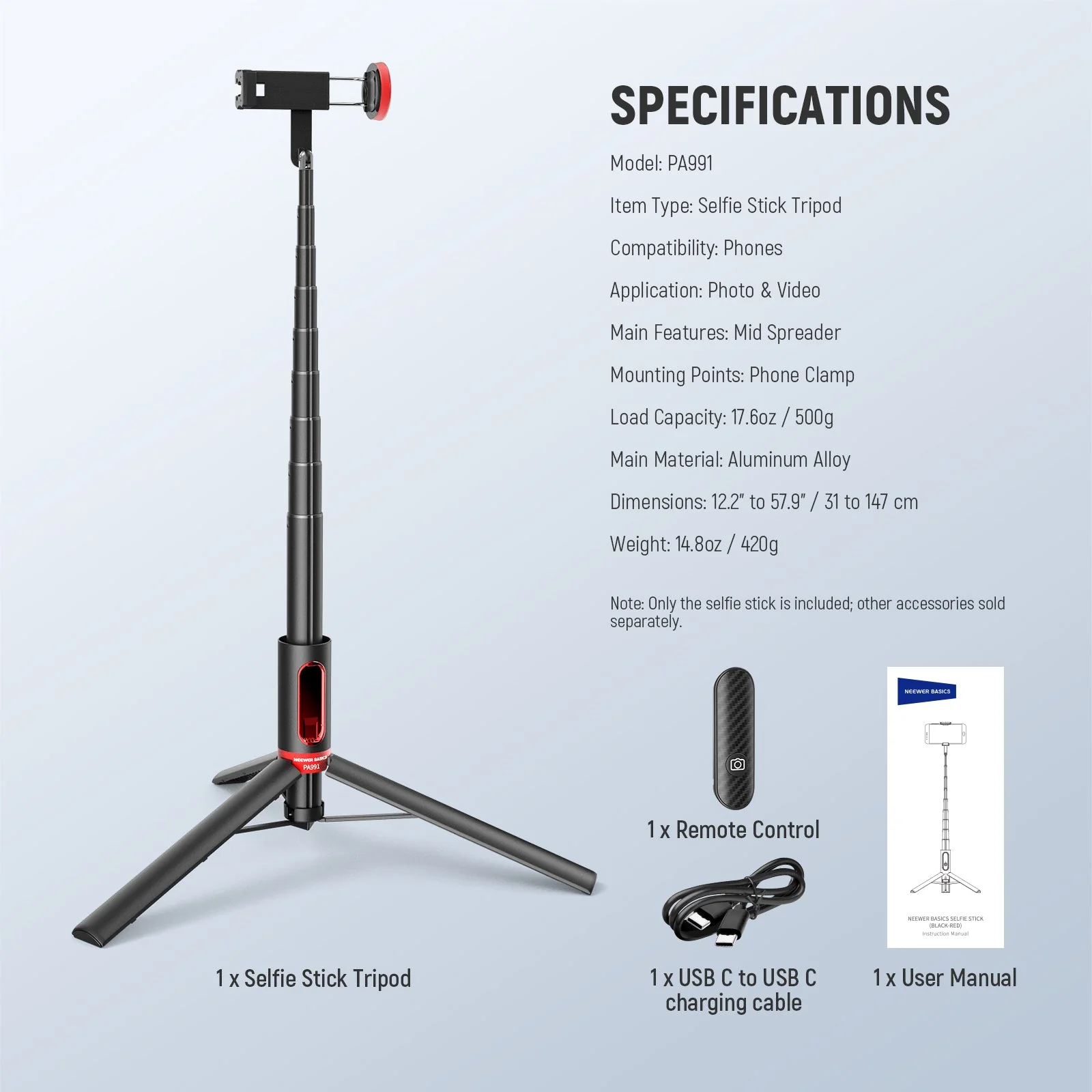 NEEWER BASICS PA991 57.9" Selfie Stick Phone Tripod - Image 2