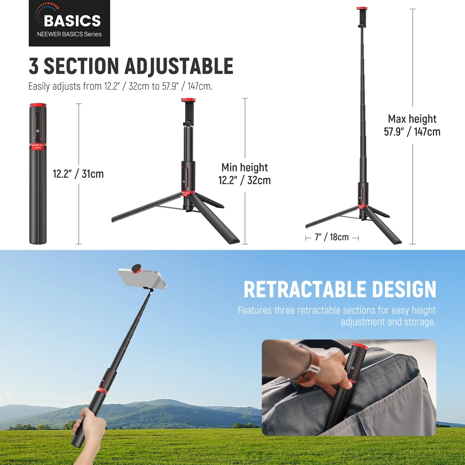 NEEWER BASICS PA991 57.9" Selfie Stick Phone Tripod - Image 3