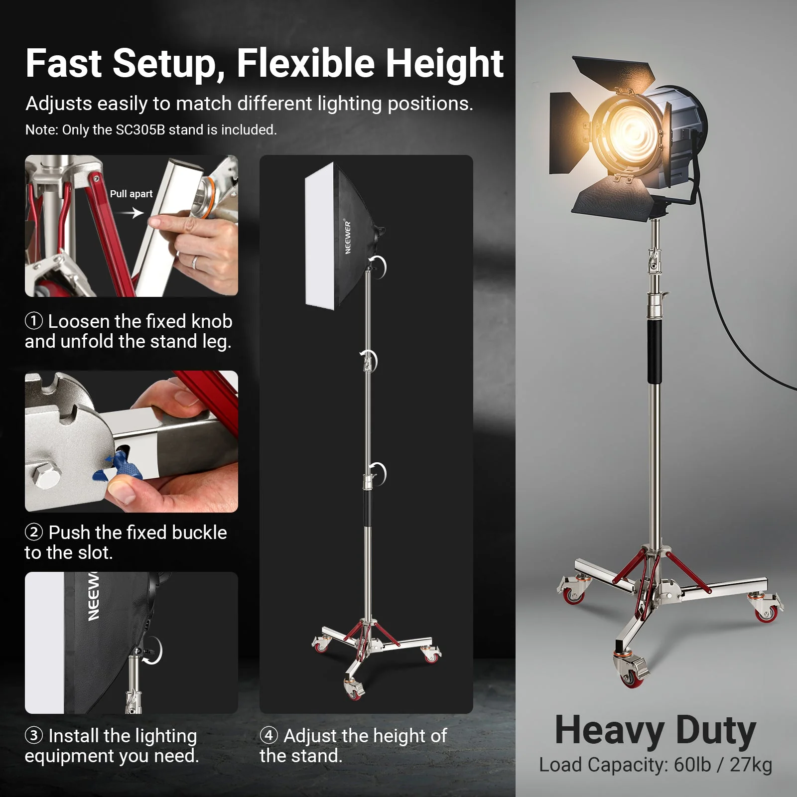 NEEWER BASICS SC305B 305cm Heavy Duty Stainless Steel Wheeled Light Stand - Image 5