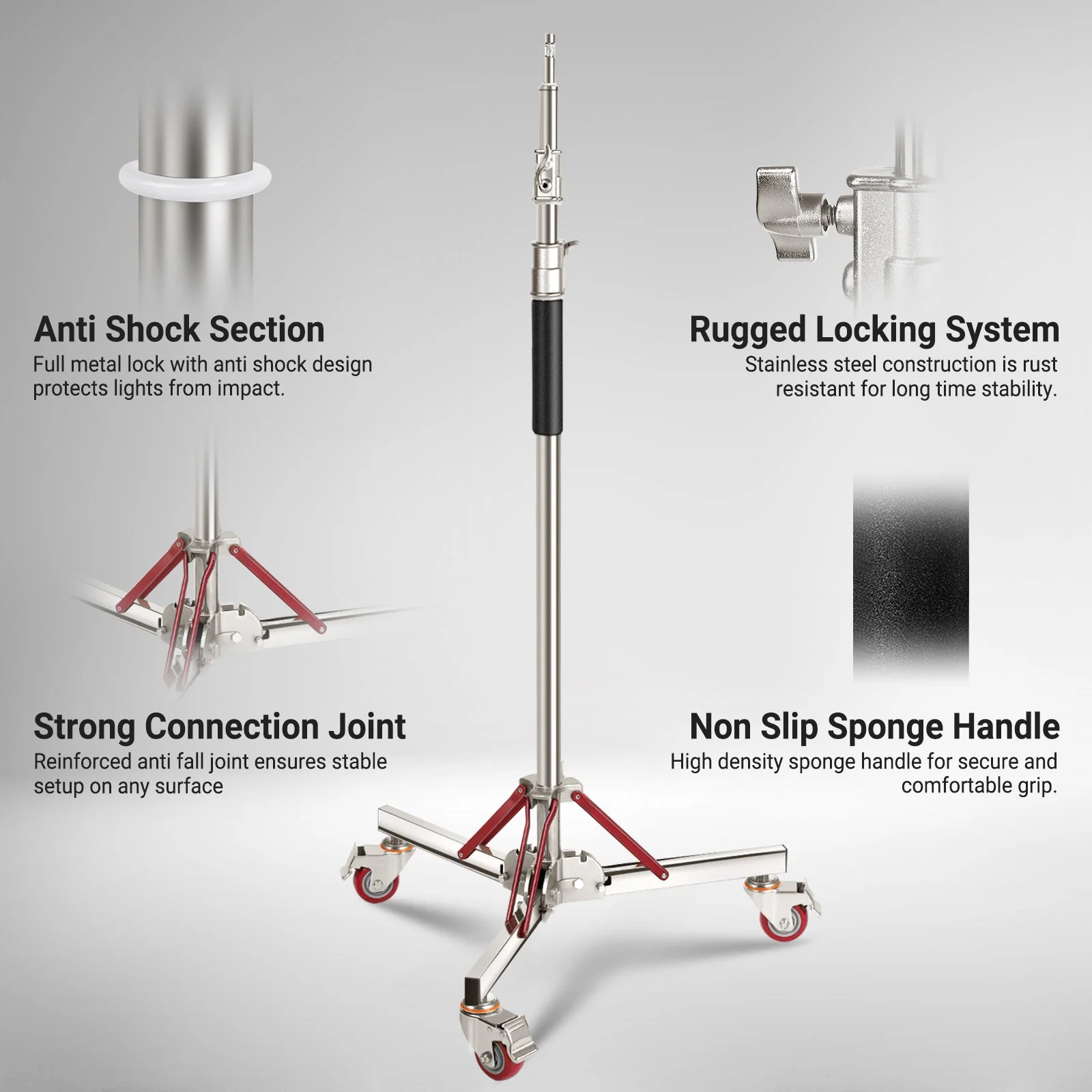 NEEWER BASICS SC305B 305cm Heavy Duty Stainless Steel Wheeled Light Stand - Image 8