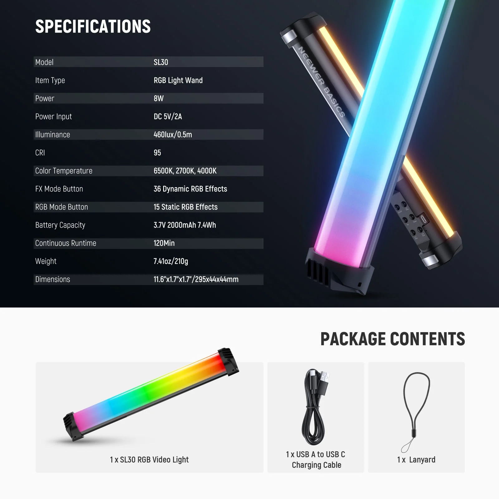 NEEWER BASICS SL30 12" Magnetic Handheld RGB Light Wand - Image 8