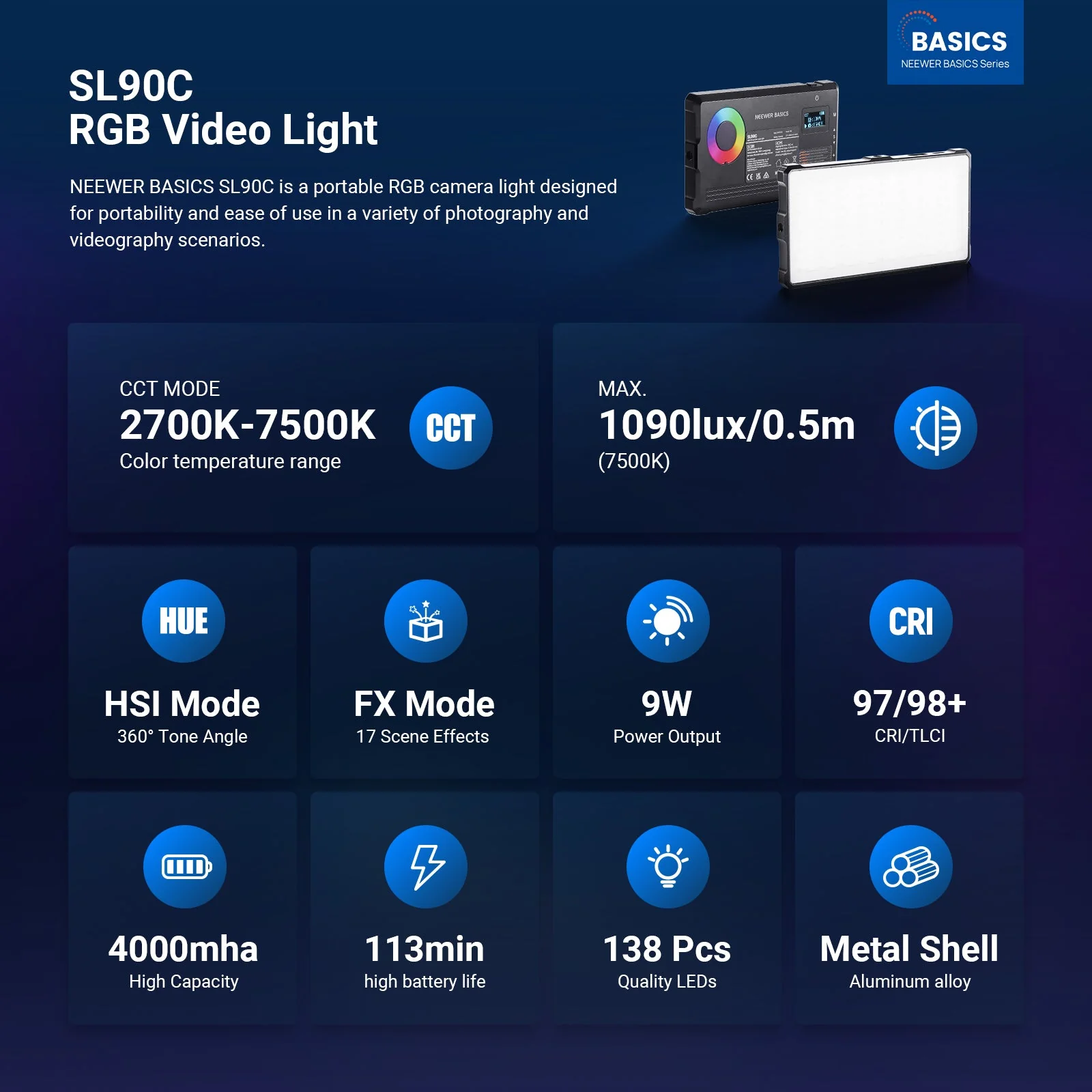 NEEWER BASICS SL90C RGB Video Light Kit - Image 12