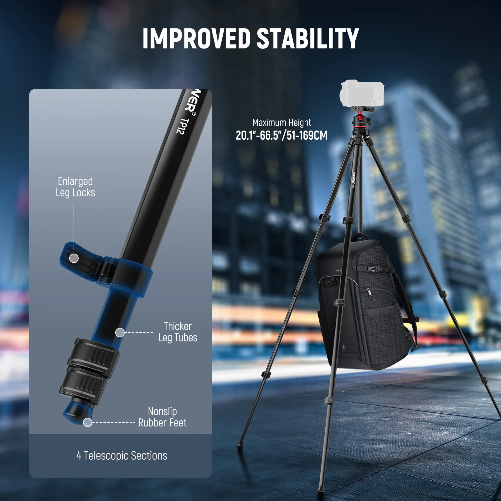NEEWER BASICS TP12 66.5" Aluminum Alloy Travel Tripod - Image 2