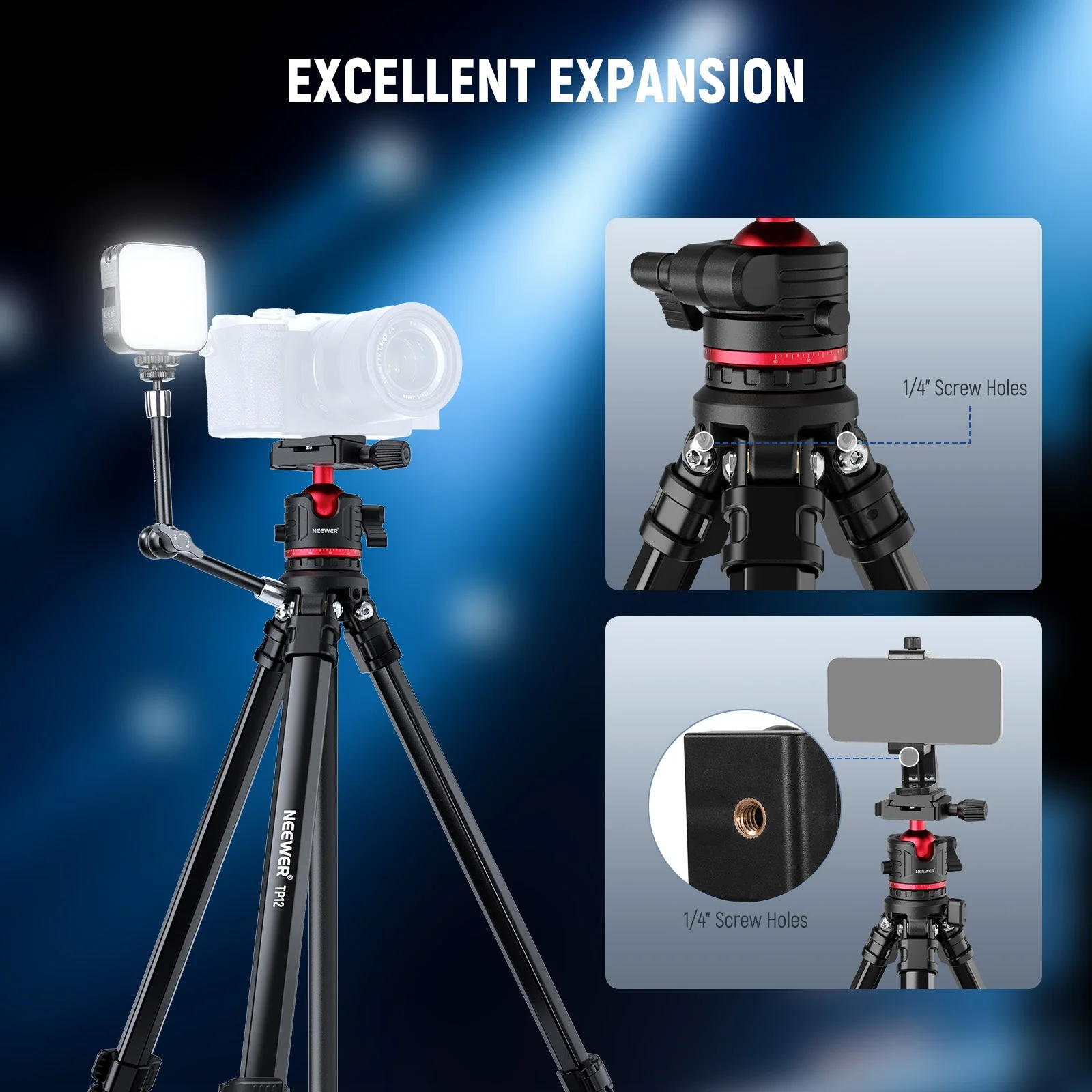 NEEWER BASICS TP12 66.5" Aluminum Alloy Travel Tripod - Image 4