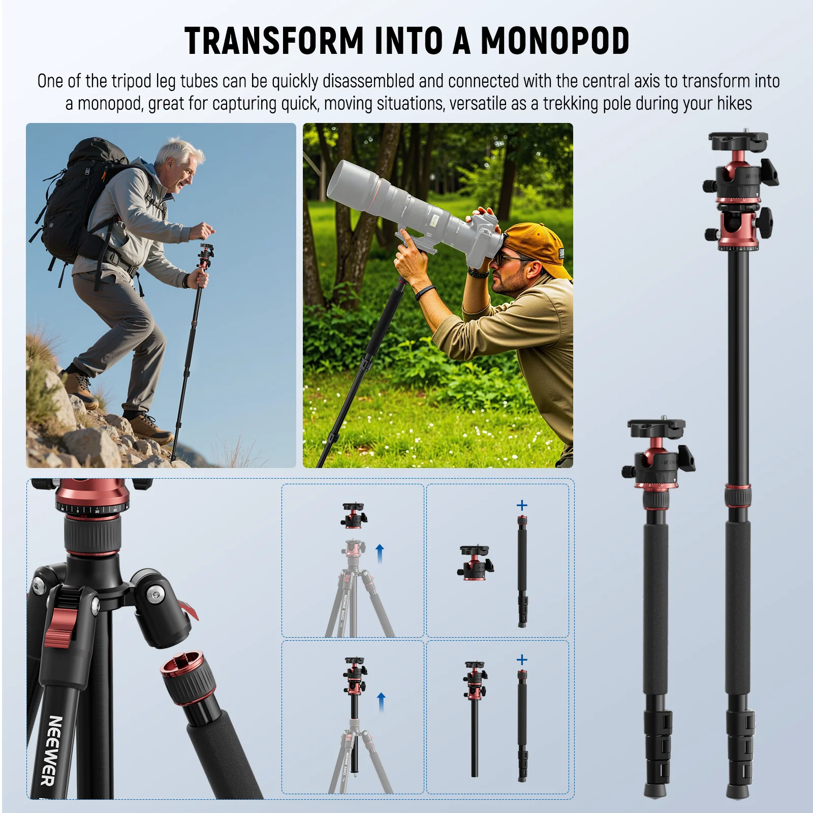 NEEWER BASICS TP16 70.9"/180cm Camera Tripod Monopod - Image 5