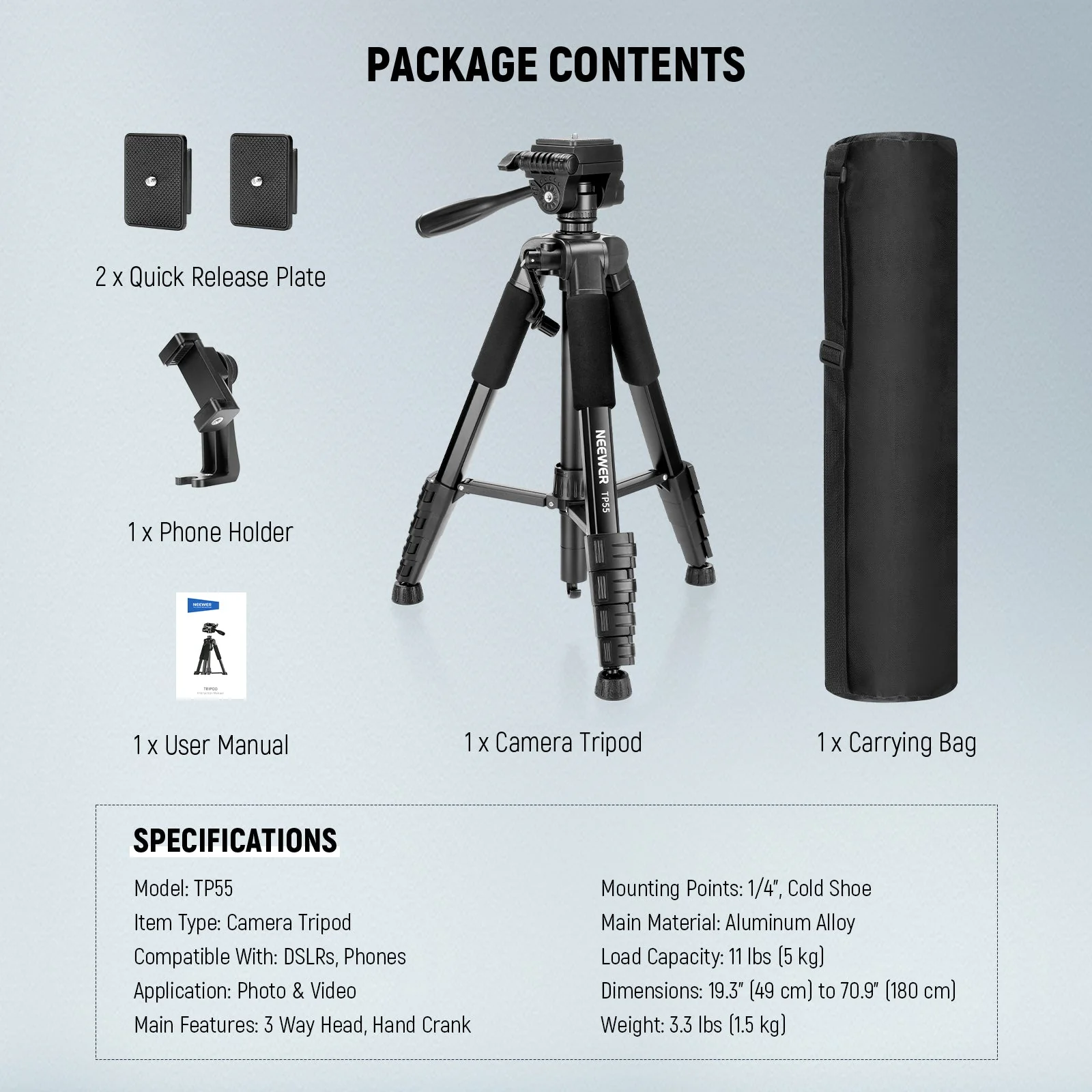 NEEWER BASICS TP55 71" Camera Tripod - Image 8