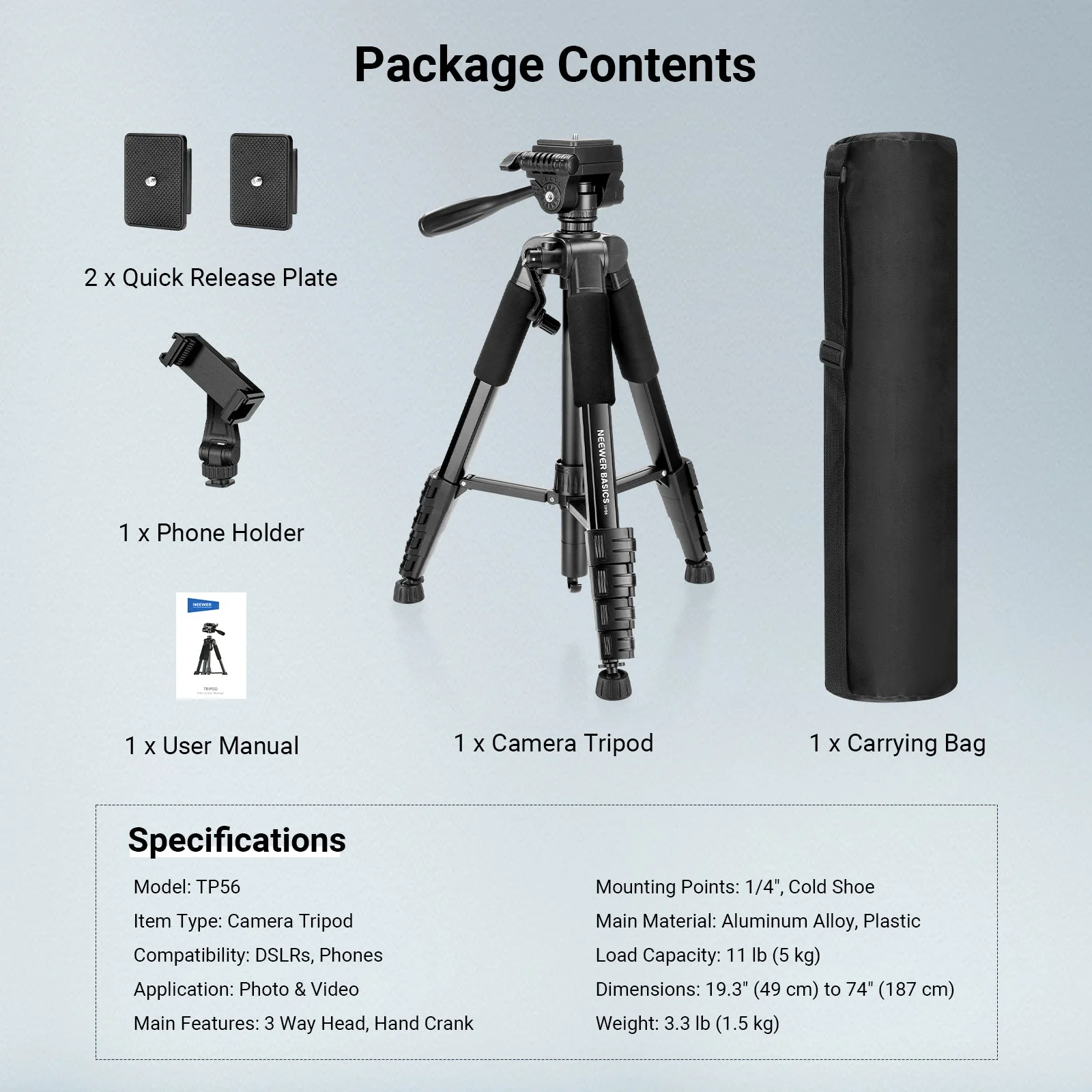 NEEWER BASICS TP56 74" Camera Tripod - Image 8