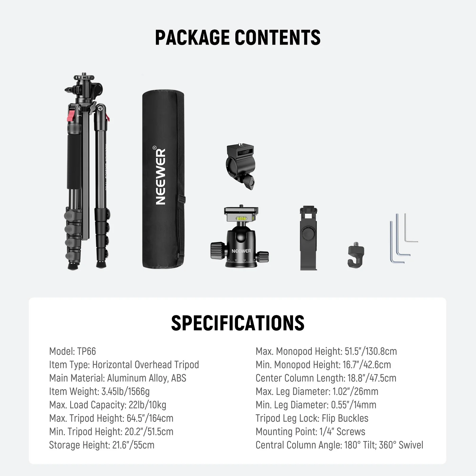 NEEWER BASICS TP66 64.5" Horizontal Overhead Tripod Monopod - Image 14