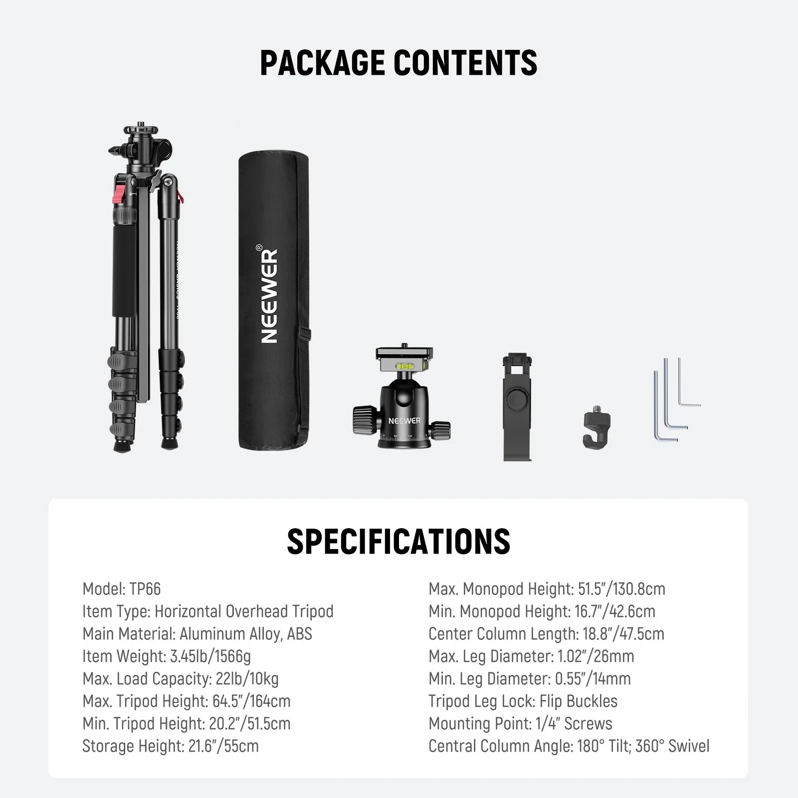 NEEWER BASICS TP66 64.5" Horizontal Overhead Tripod Monopod - Image 7