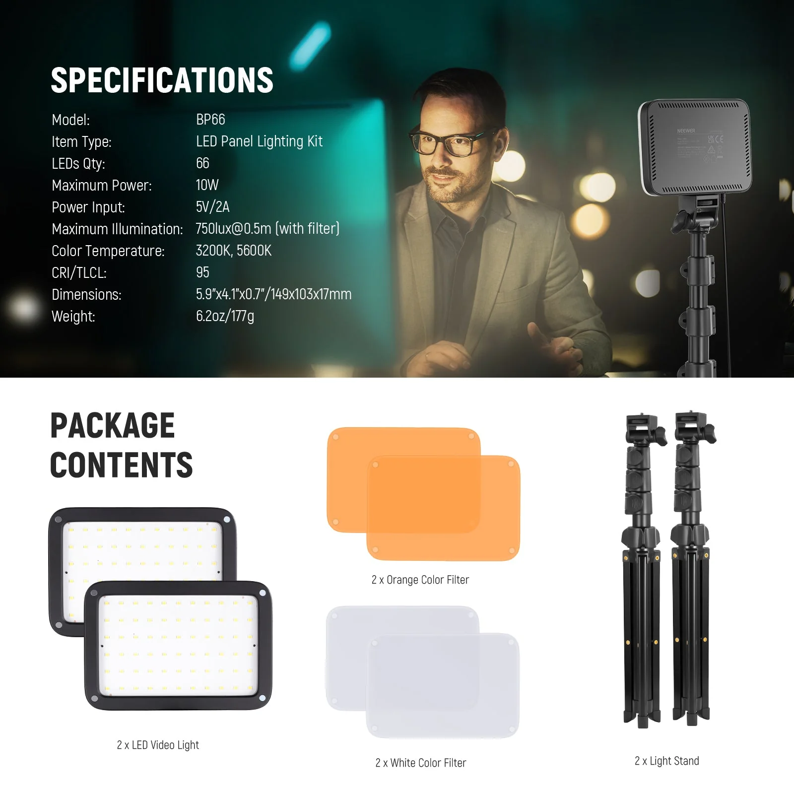 NEEWER BASICS BP66 2 Pack Bi-Color Video Light Panel Lighting Kit - Image 8