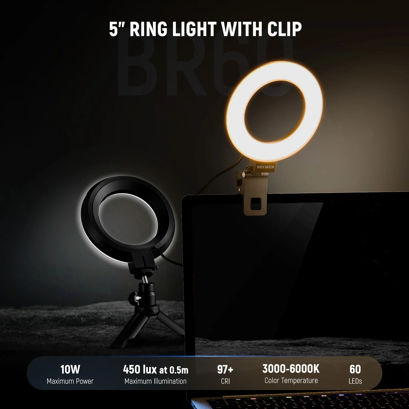 NEEWER BASICS BR60 5" Bi-Color Ring Light with Clip & Mini Tripod - Image 11