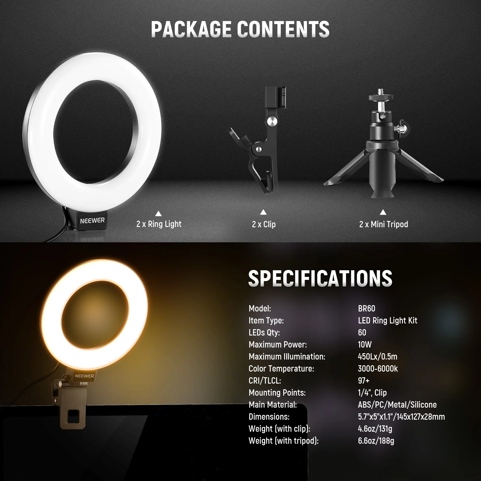 NEEWER BASICS BR60 5" Bi-Color Ring Light with Clip & Mini Tripod - Image 16