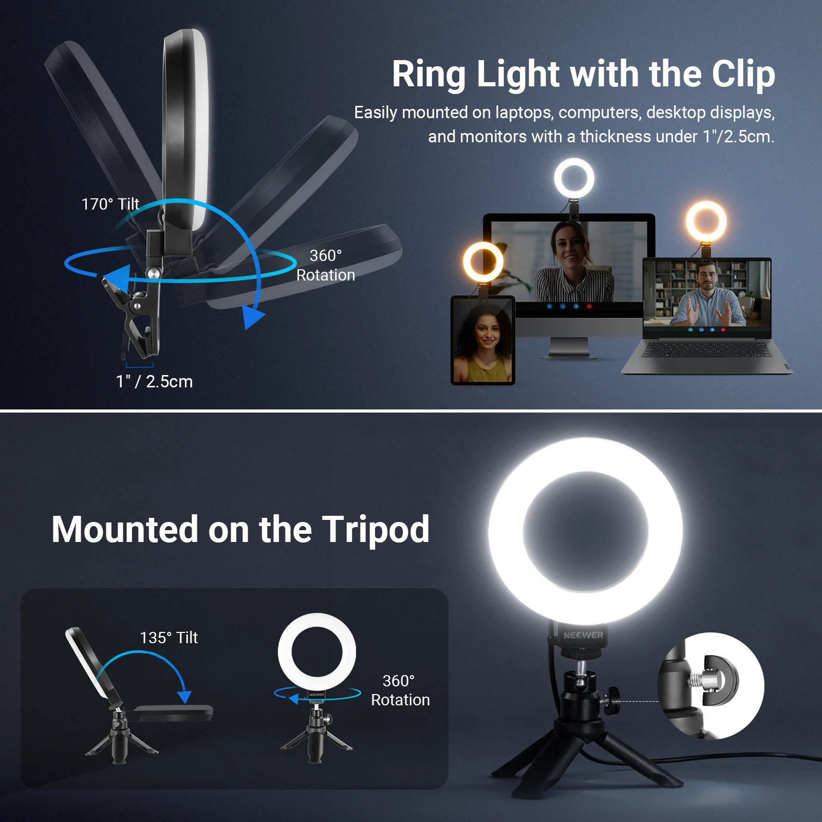 NEEWER BASICS BR60 5" Bi-Color Ring Light with Clip & Mini Tripod - Image 3