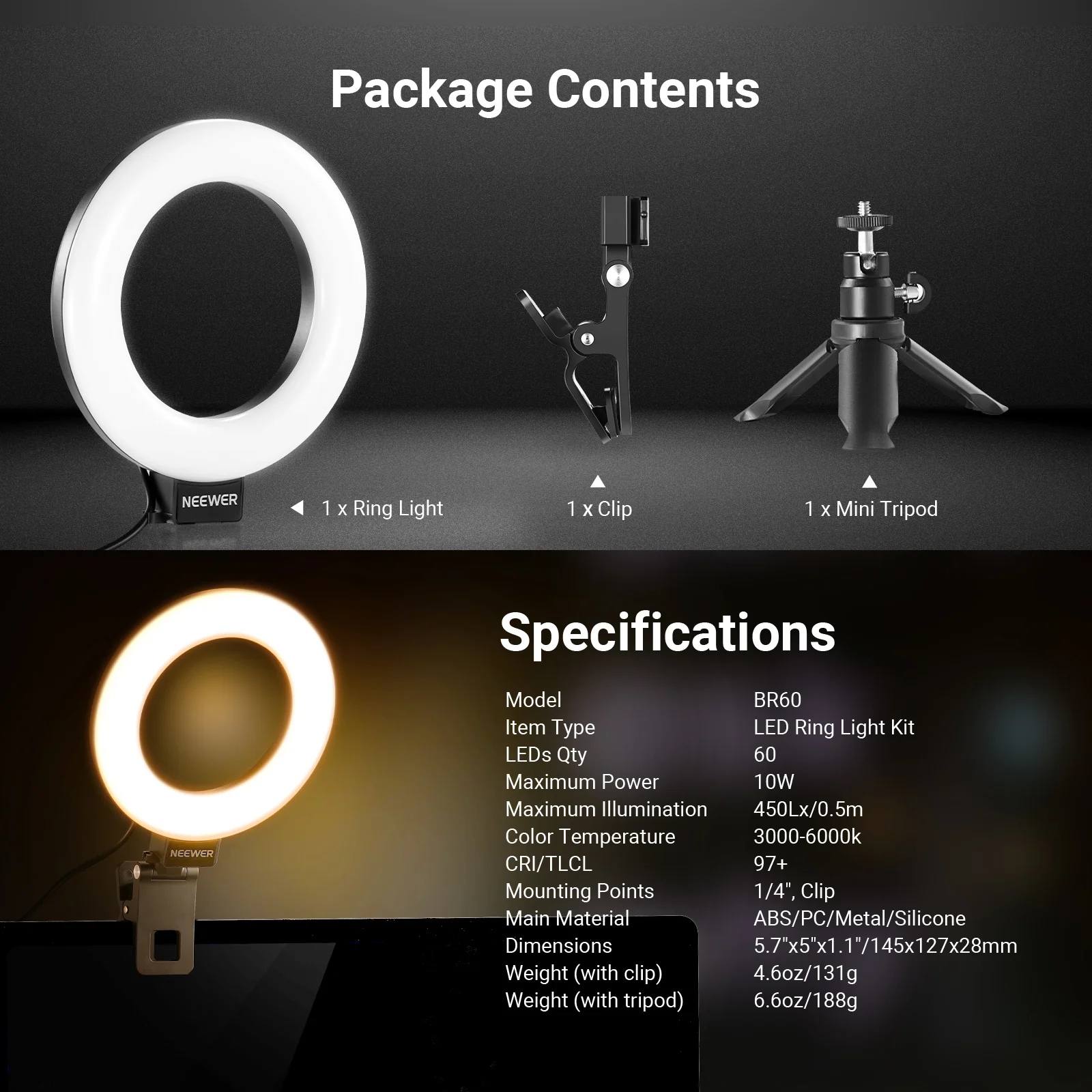 NEEWER BASICS BR60 5" Bi-Color Ring Light with Clip & Mini Tripod - Image 8