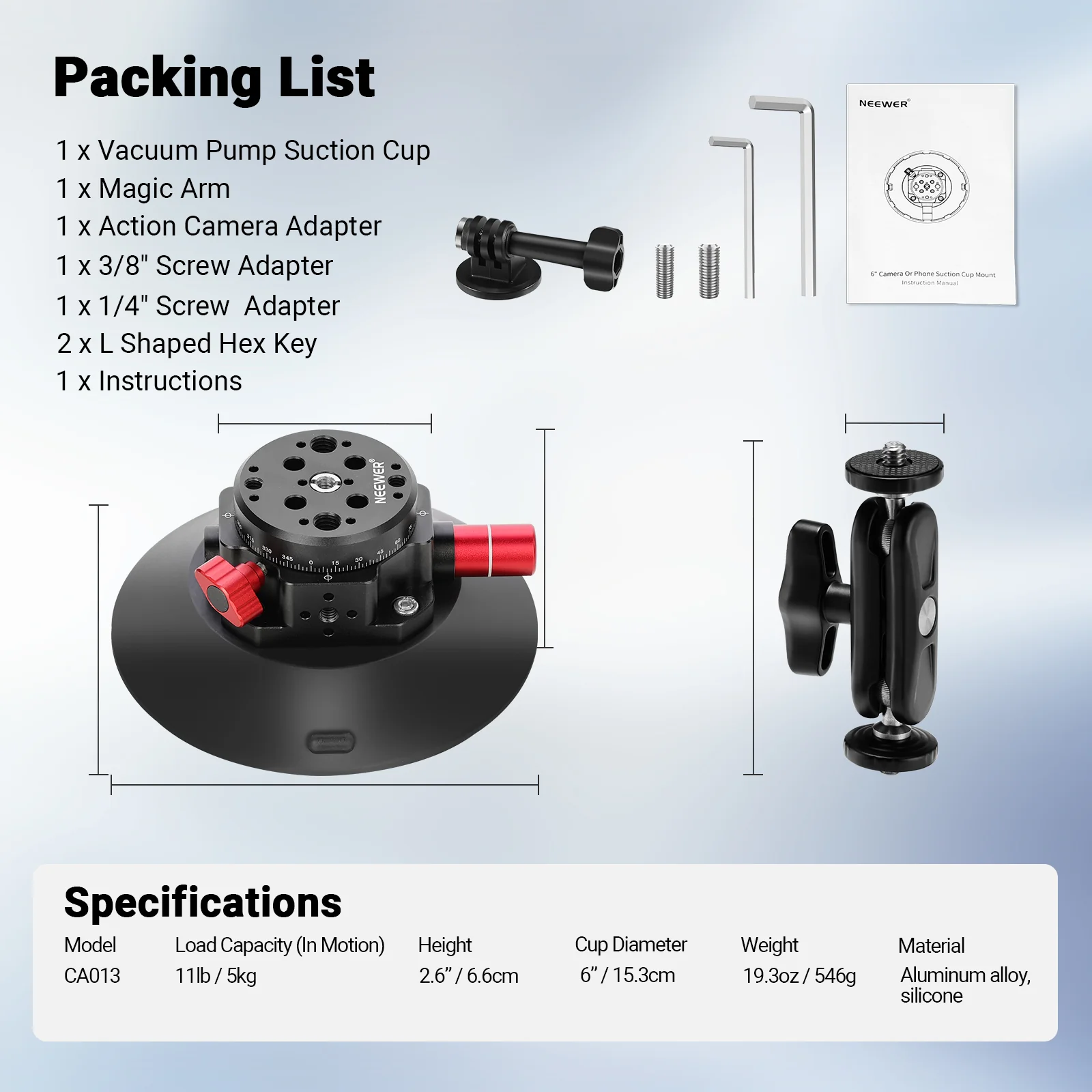 NEEWER CA013 6" Camera Suction Mount with Ball Head Magic Arm - Image 9