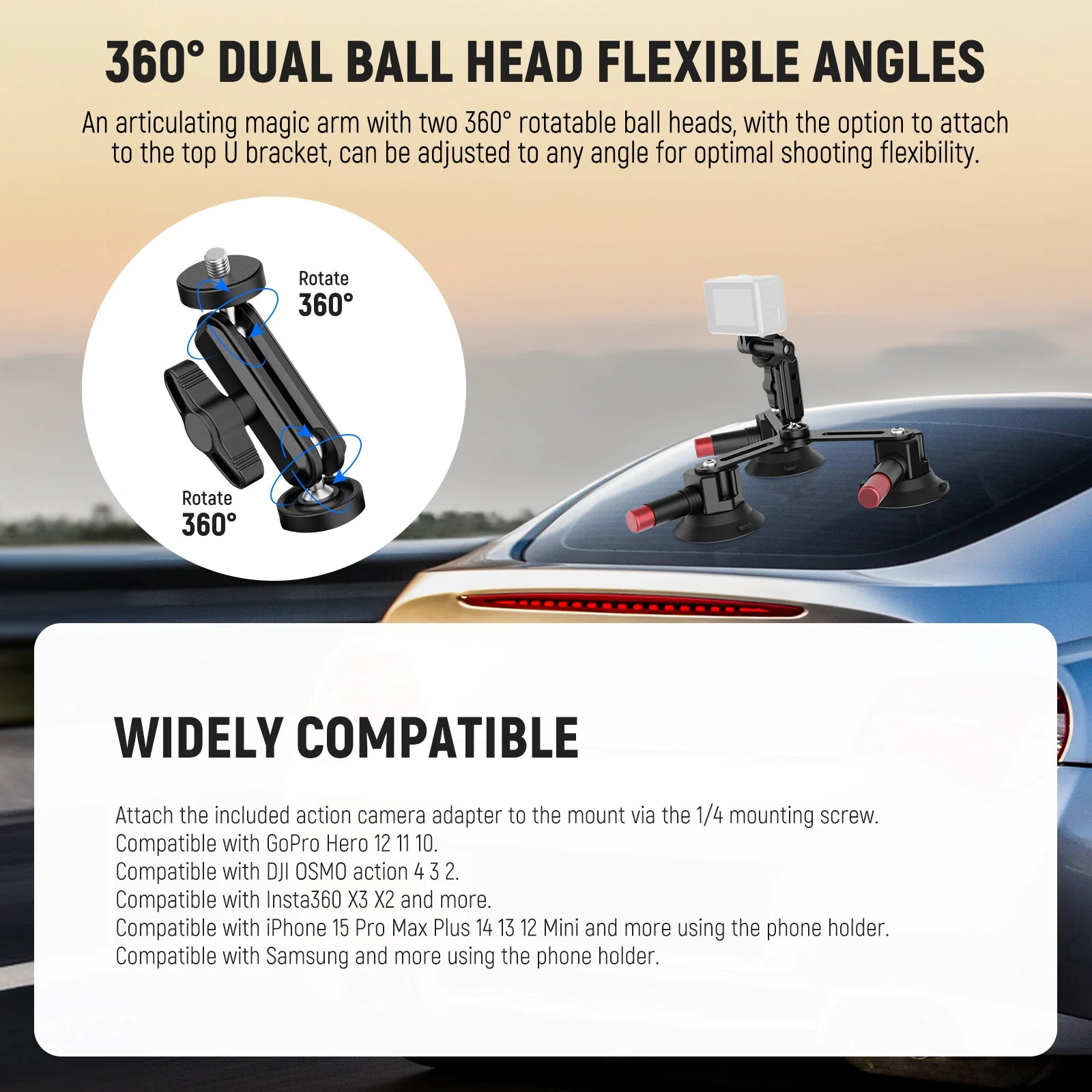 NEEWER CA067 Triple Suction Cup Camera Car Mount - Image 6