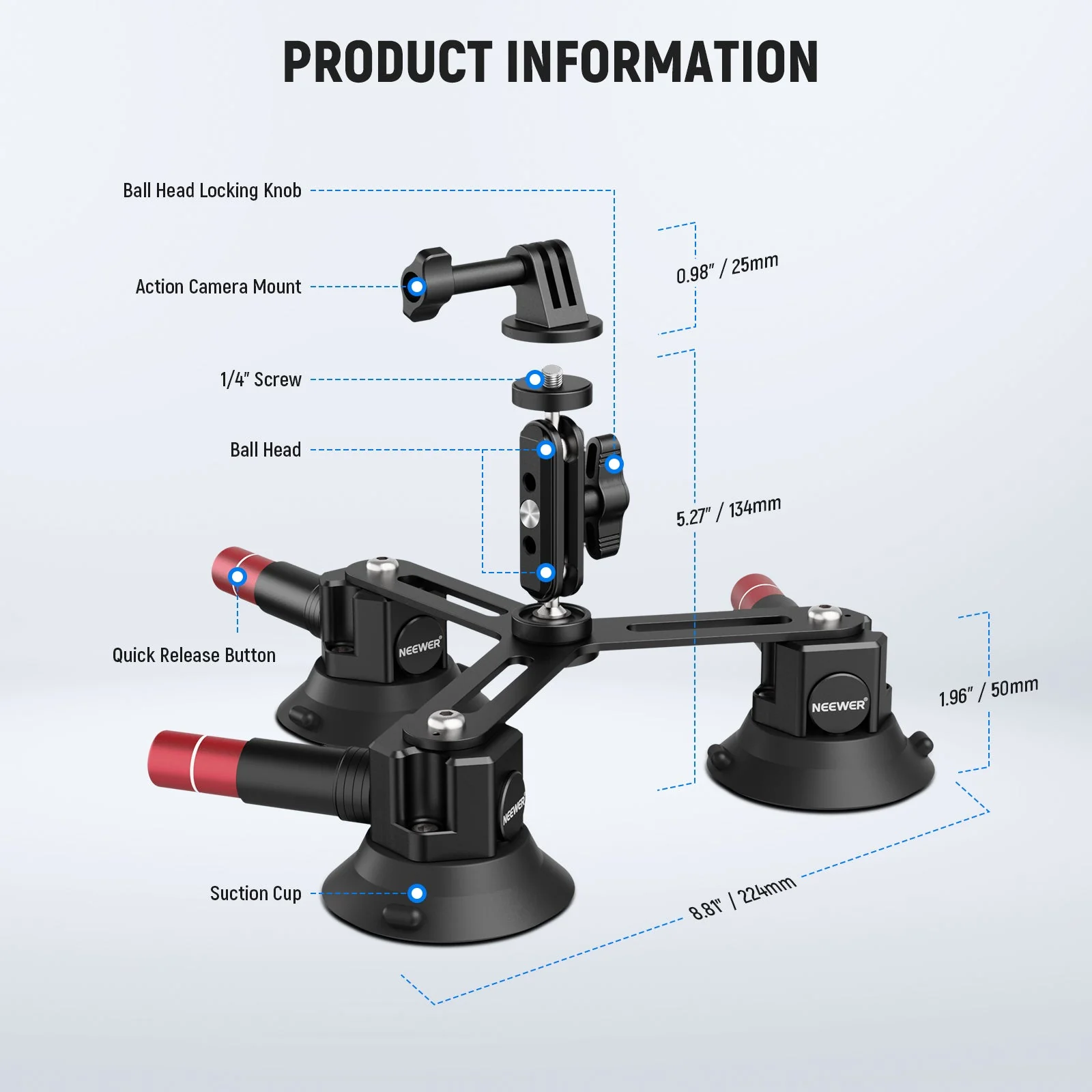 NEEWER CA067 Triple Suction Cup Camera Car Mount - Image 8
