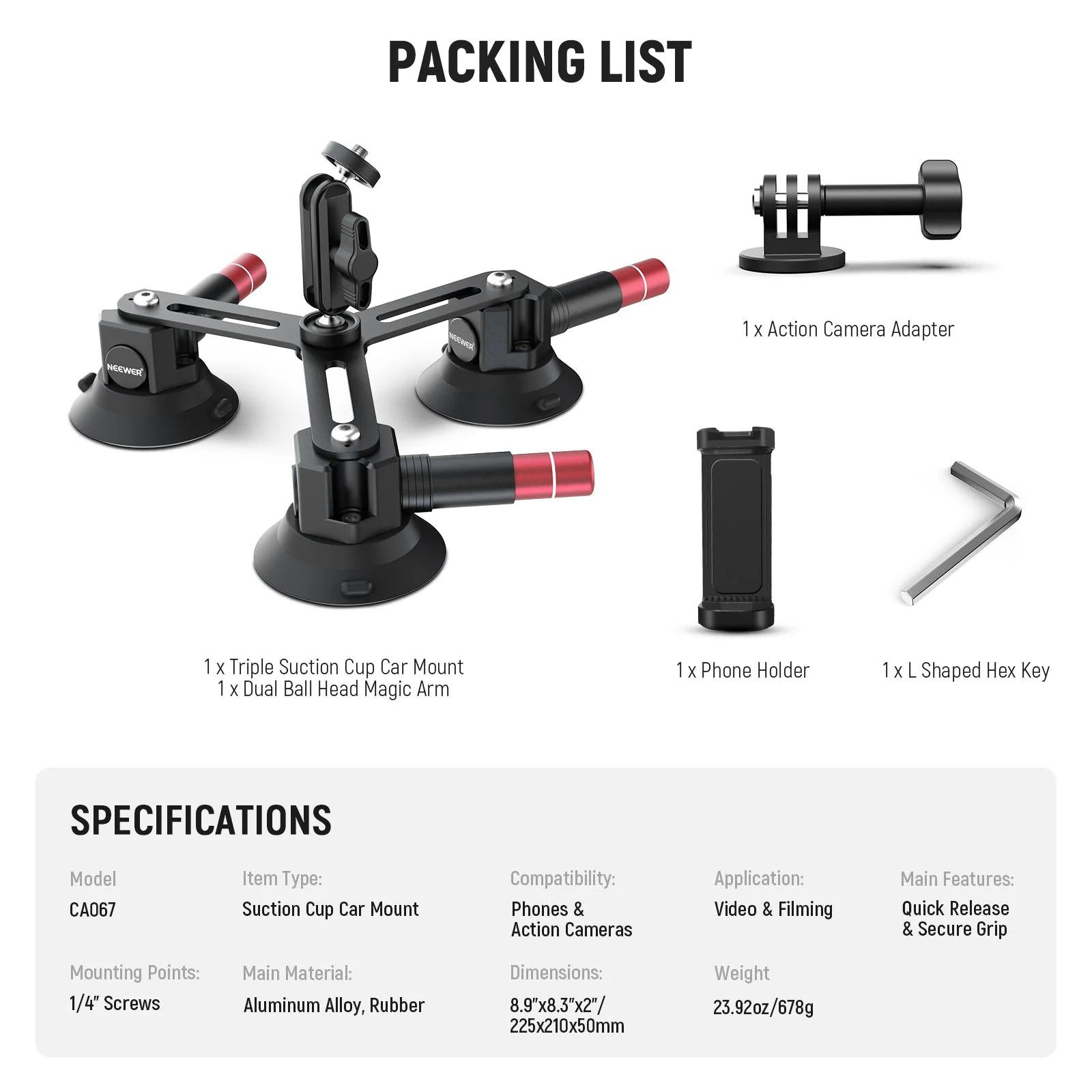 NEEWER CA067 Triple Suction Cup Camera Car Mount - Image 9