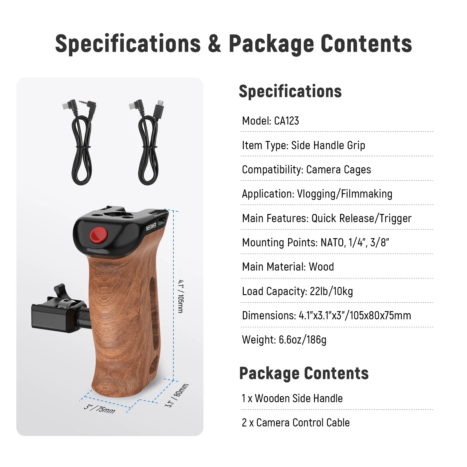 NEEWER CA123 Wooden Side Handle with Record Start/Stop Remote Trigger - Image 9