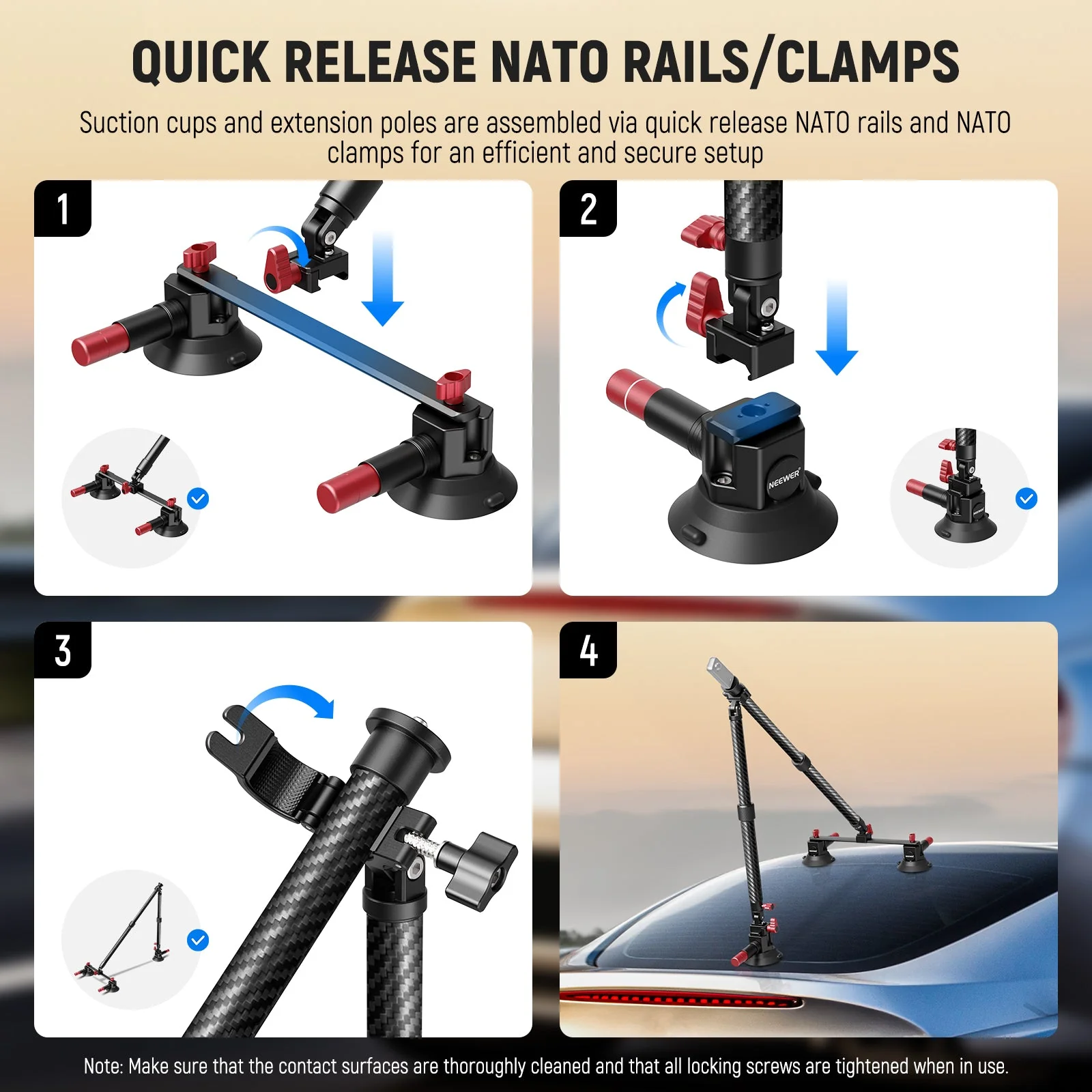NEEWER CA136 Triple Suction Cup Extension Pole Car Mount Kit - Image 5