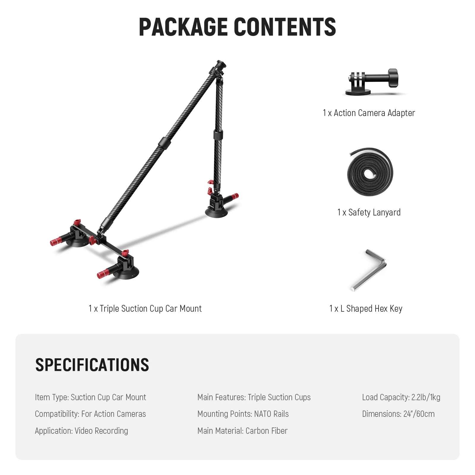 NEEWER CA136 Triple Suction Cup Extension Pole Car Mount Kit - Image 8