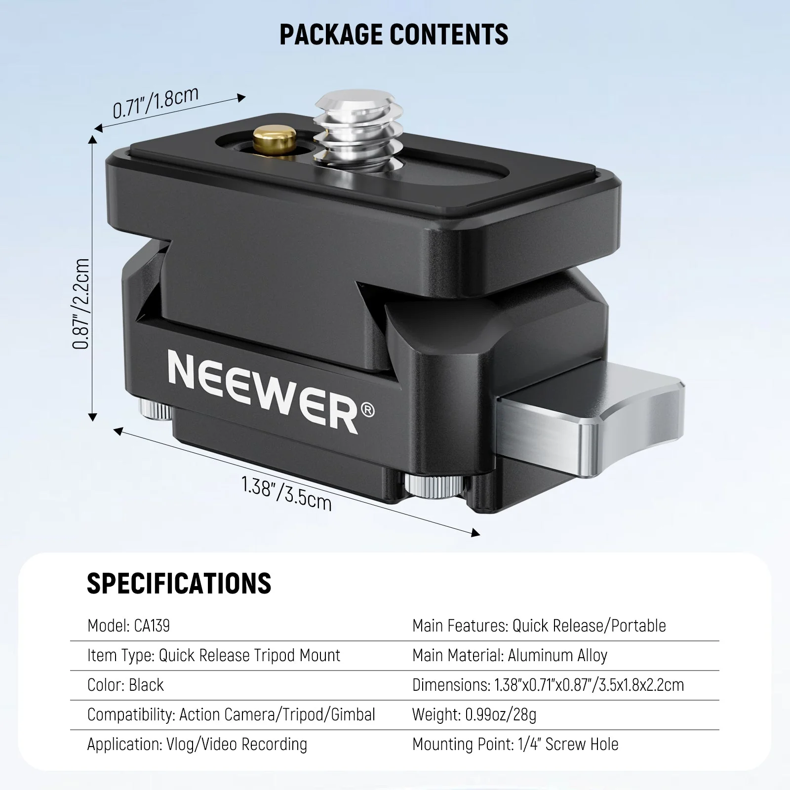 NEEWER CA139 Action Camera Quick Release Plate Tripod Mount - Image 7