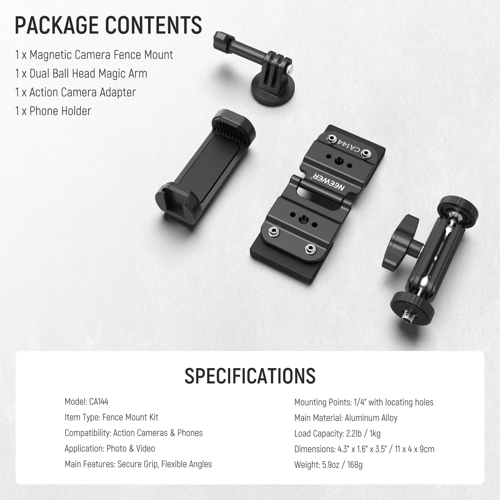 NEEWER CA144 Magnetic Fence Mount for Action Camera Phone - Image 7