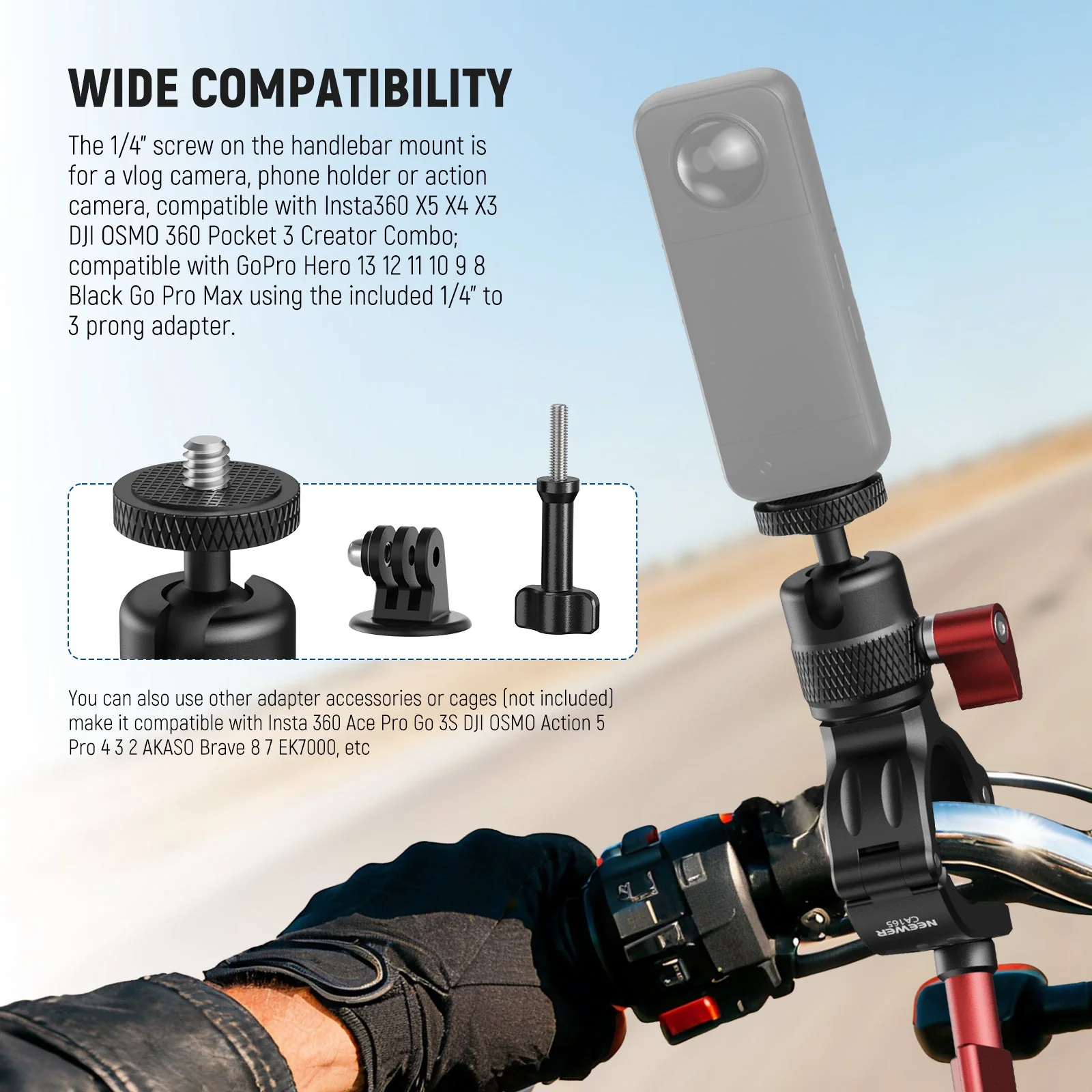 NEEWER CA165 Motorcycle Bike Handlebar Mount For Action Cameras - Image 2