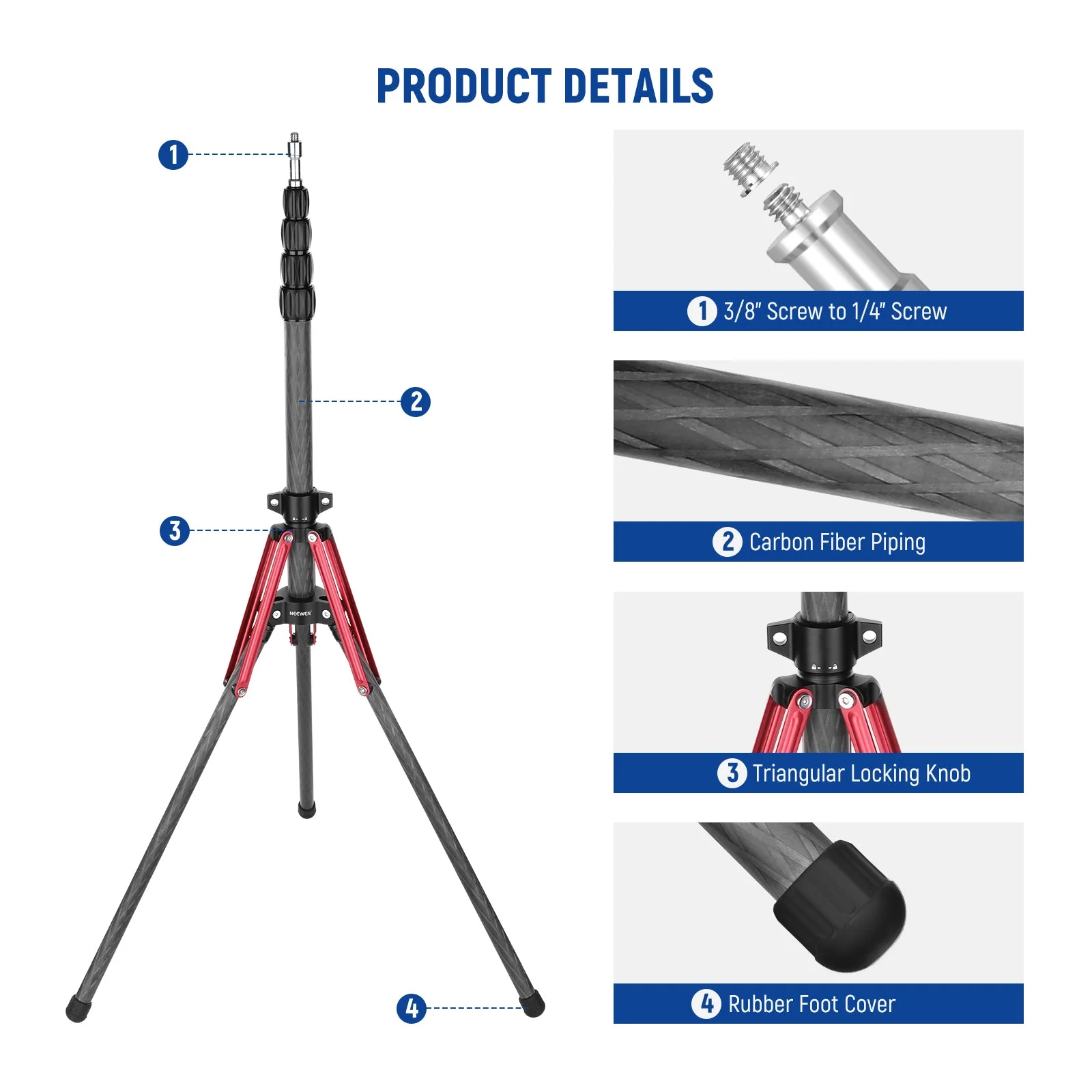 NEEWER ST210R 220cm Carbon Fiber Light Stand with 180° Reversible Legs - Image 3
