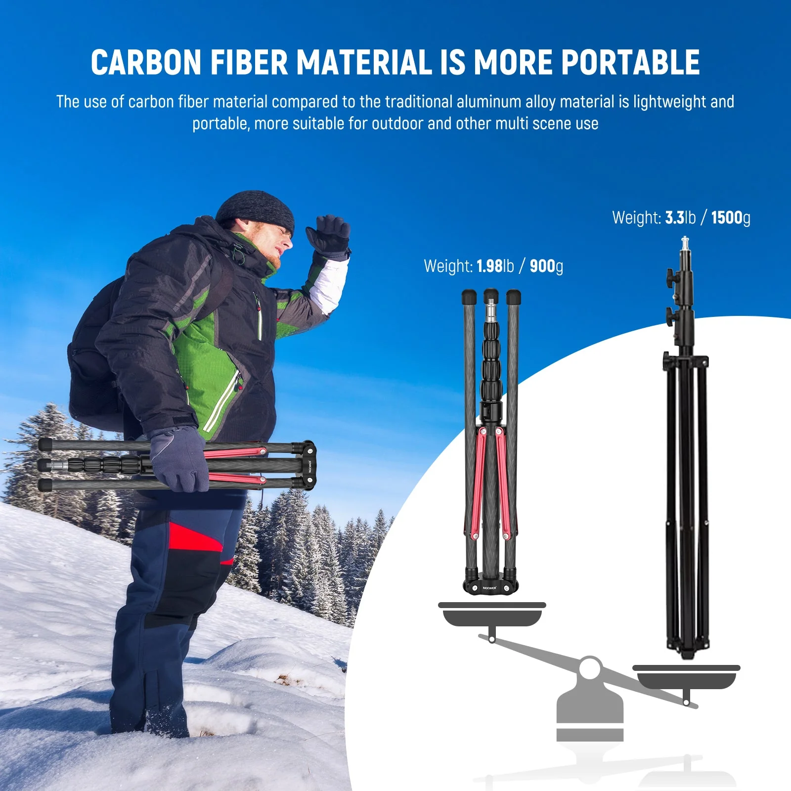 NEEWER ST210R 220cm Carbon Fiber Light Stand with 180° Reversible Legs - Image 4
