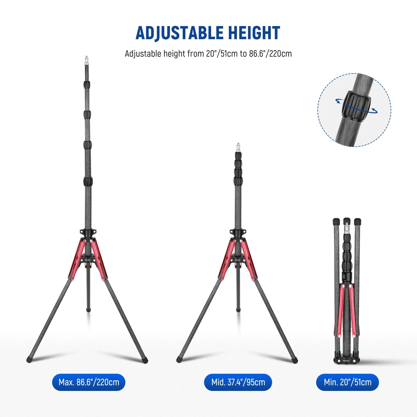 NEEWER ST210R 220cm Carbon Fiber Light Stand with 180° Reversible Legs - Image 5