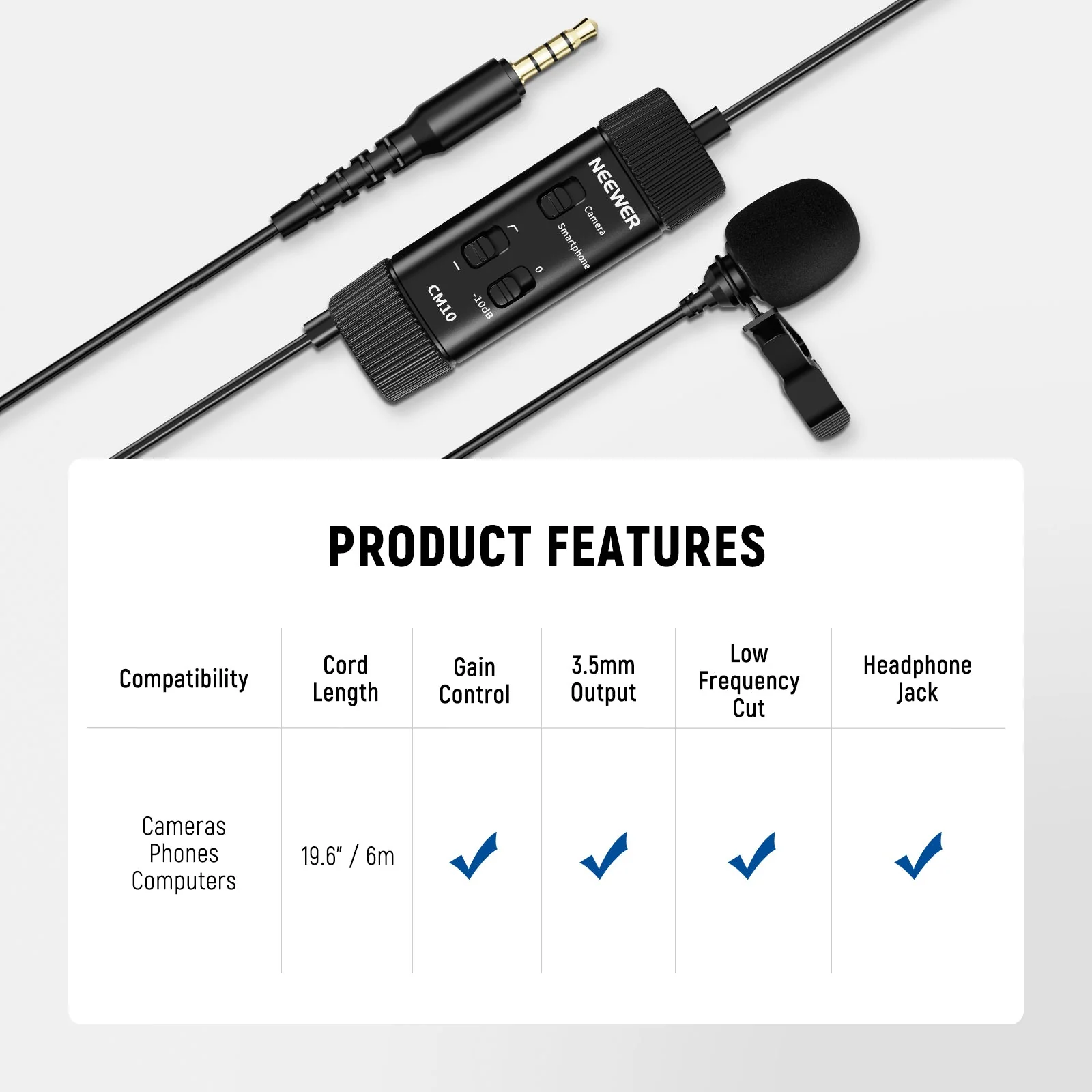 NEEWER CM10 Plug & Play 3.5mm TRRS Lavalier Microphone for Camera/Smartphone - Image 5