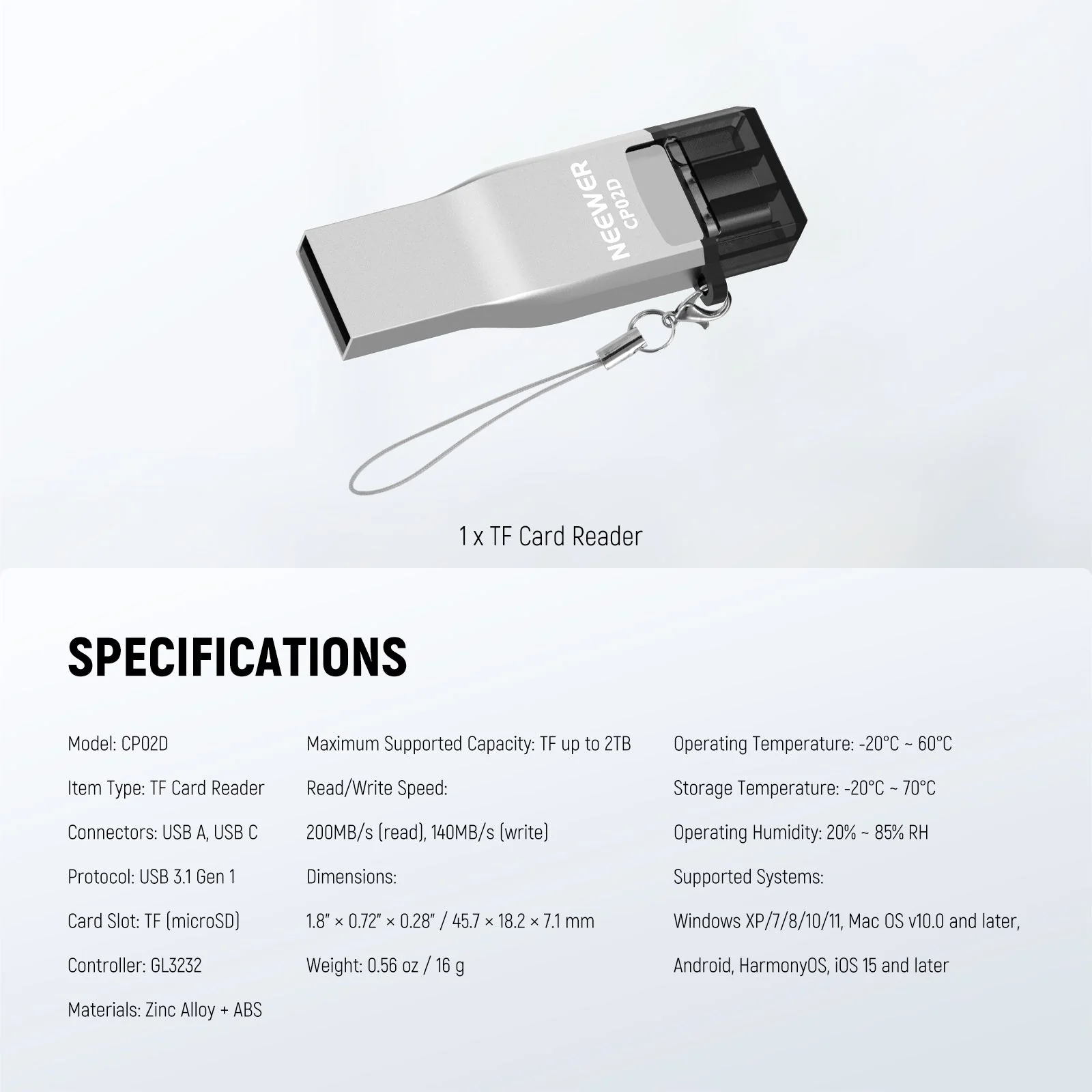 NEEWER CP02D High Speed USB3.1 TF Micro SD Card Reader USB C USB A - Image 7